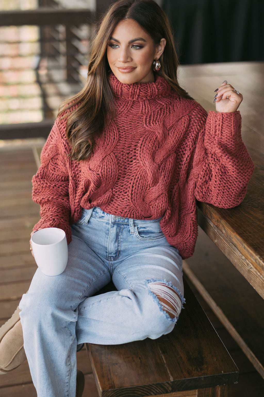 Ellen Chunky Turtleneck Sweater-Brick