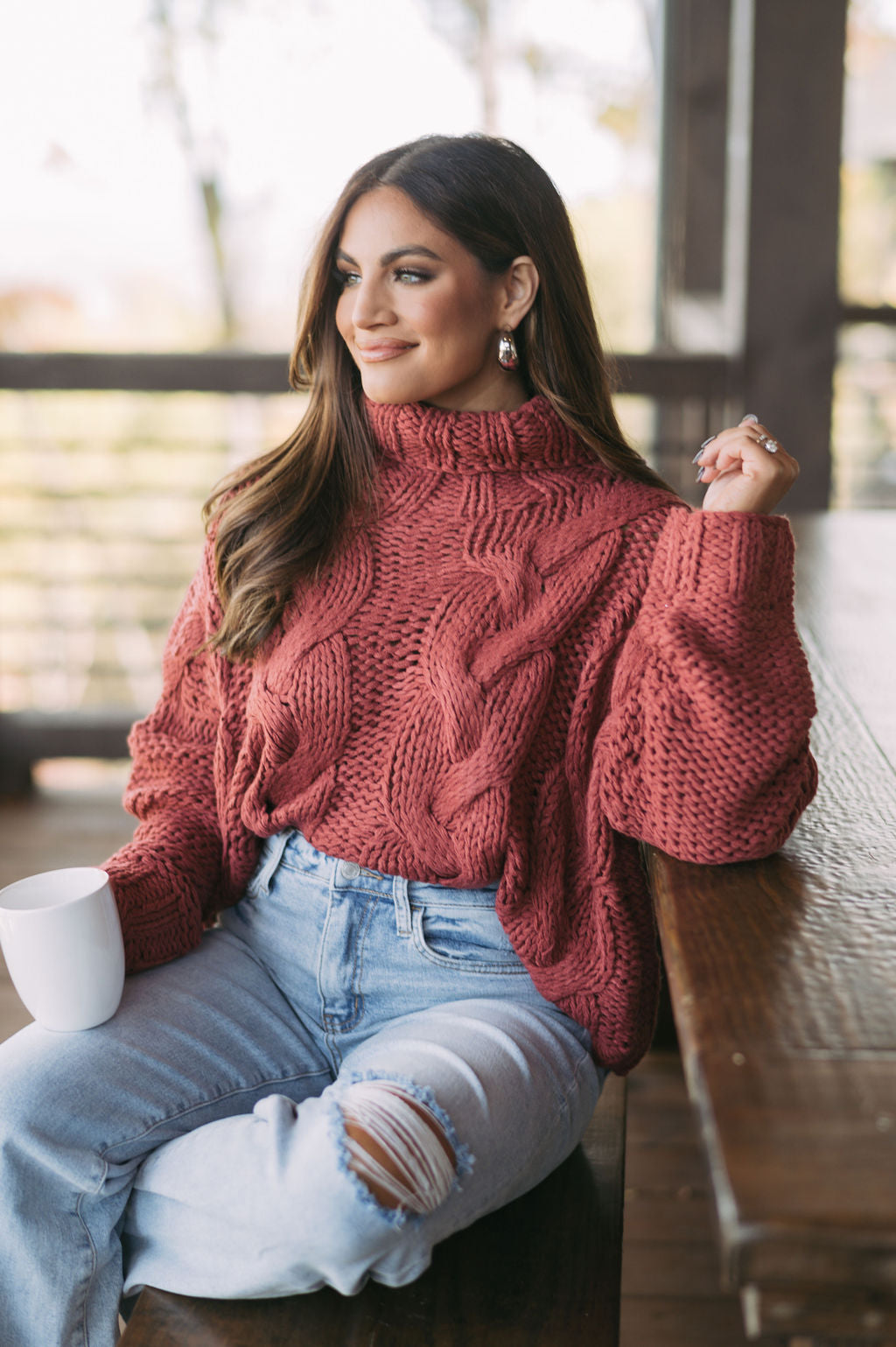 Ellen Chunky Turtleneck Sweater-Brick