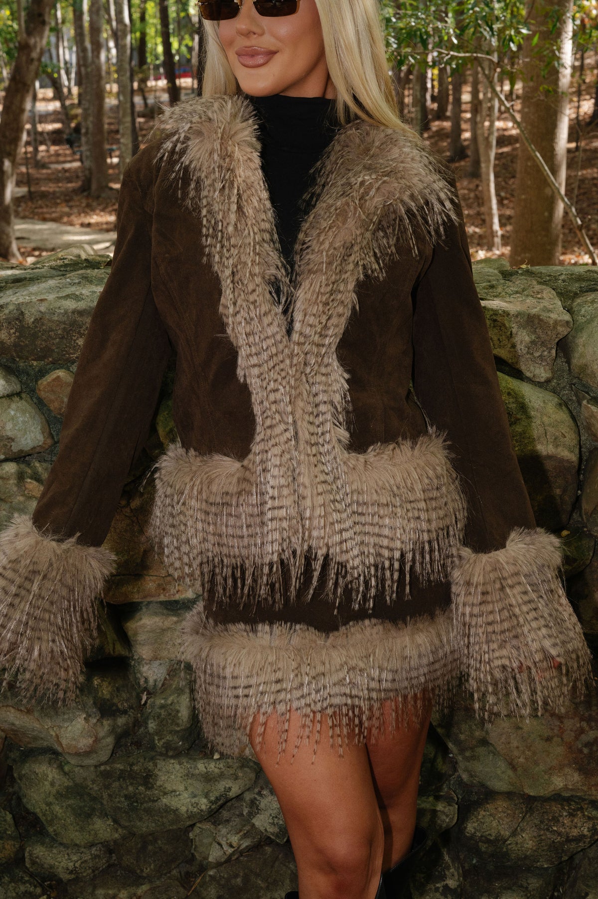 Angie Faux Fur Trim Coat-Brown