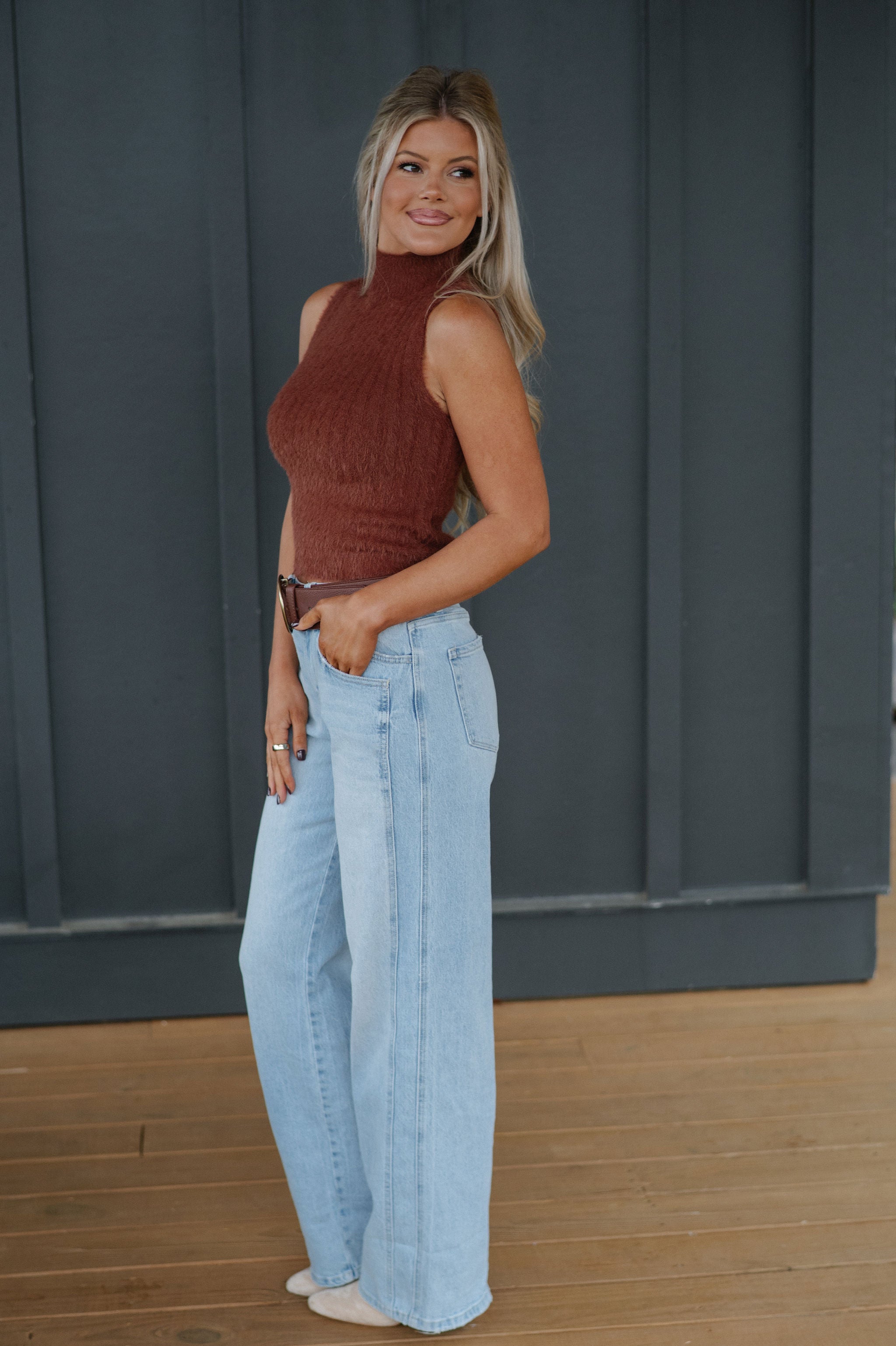 Mock Neck Sweater Tank-Chestnut