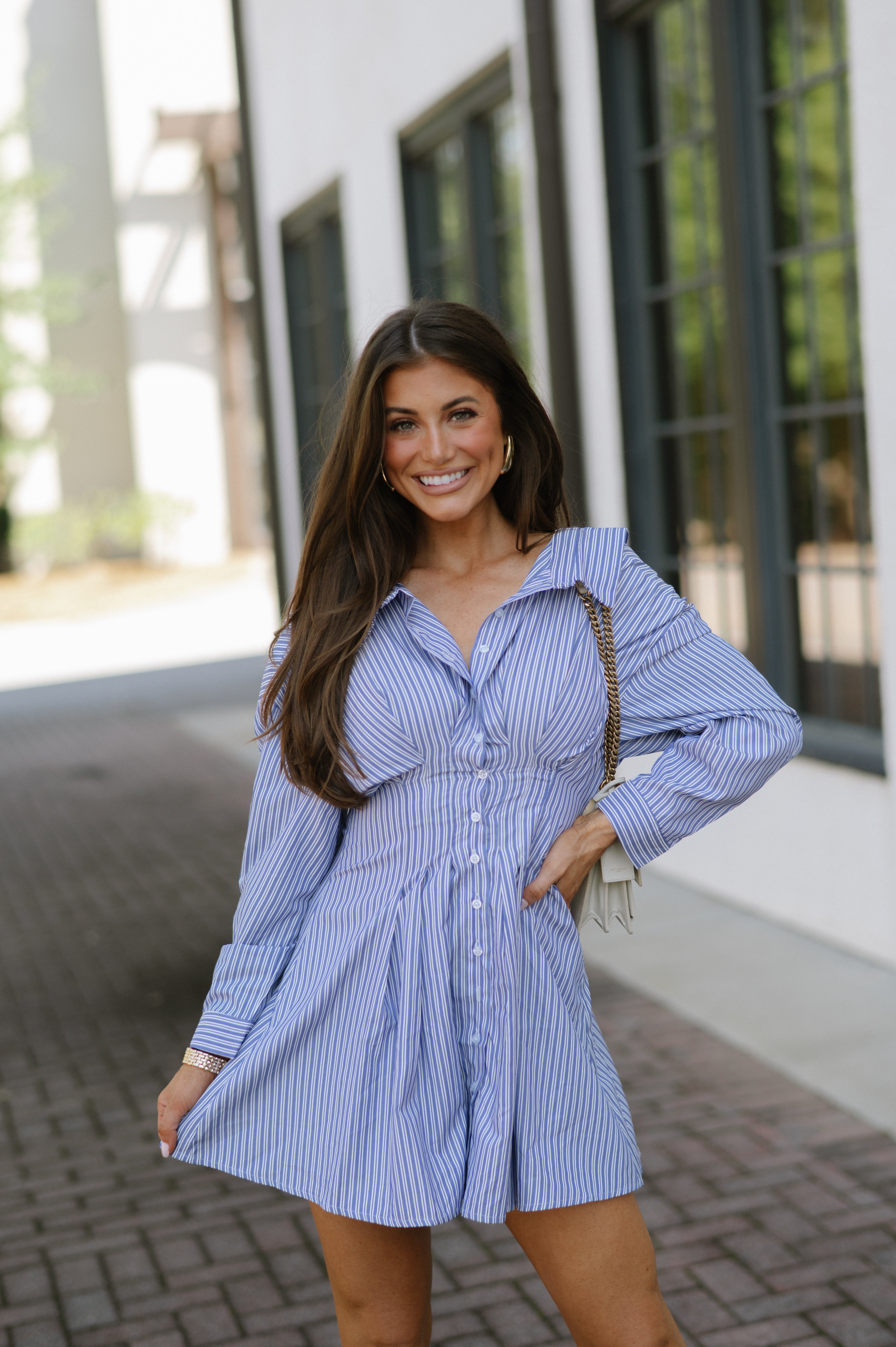 Striped Corset Shirt Dress-Blue