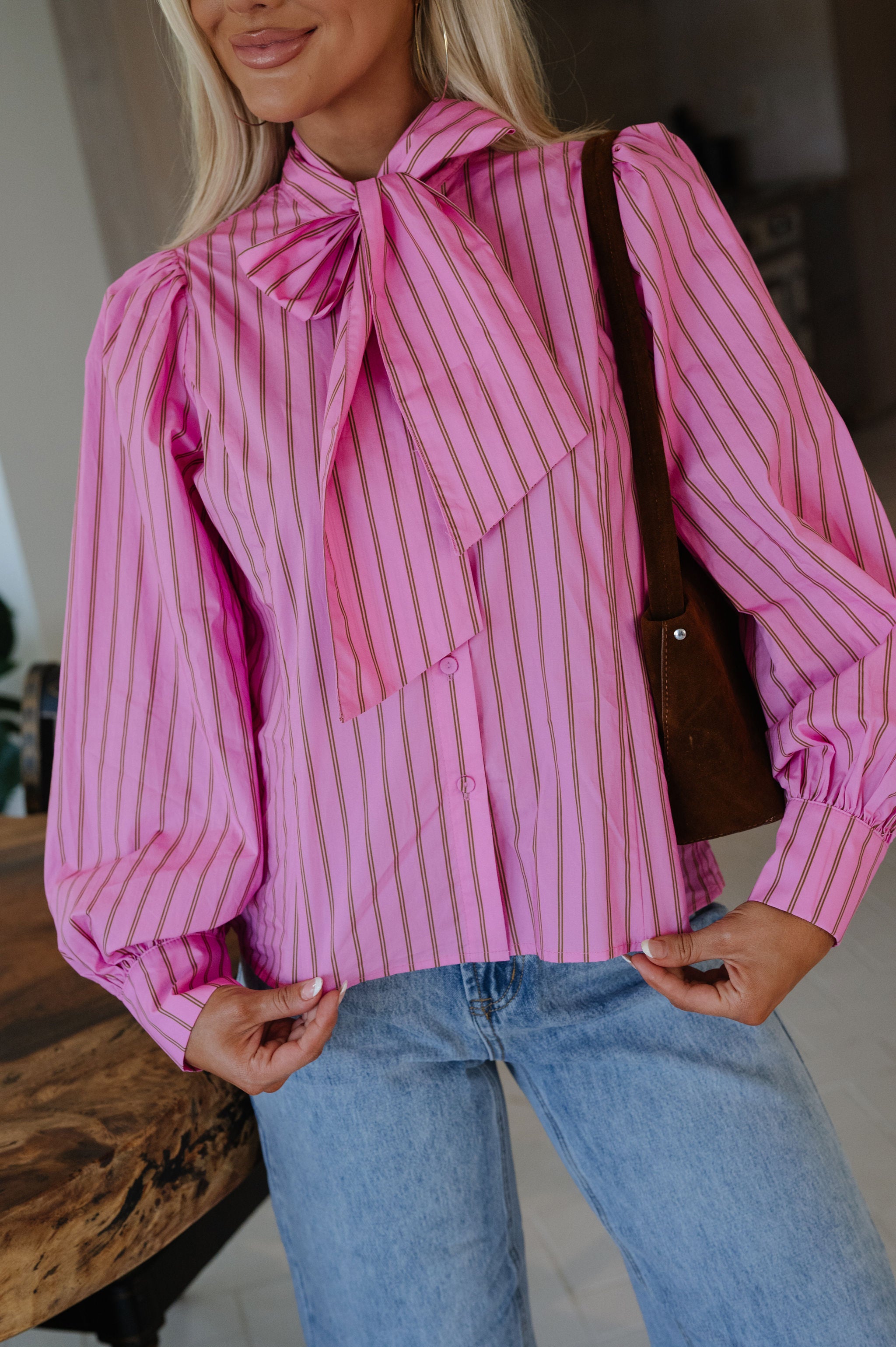 Demi Stripe Bow Tie Top-Pink/Brown