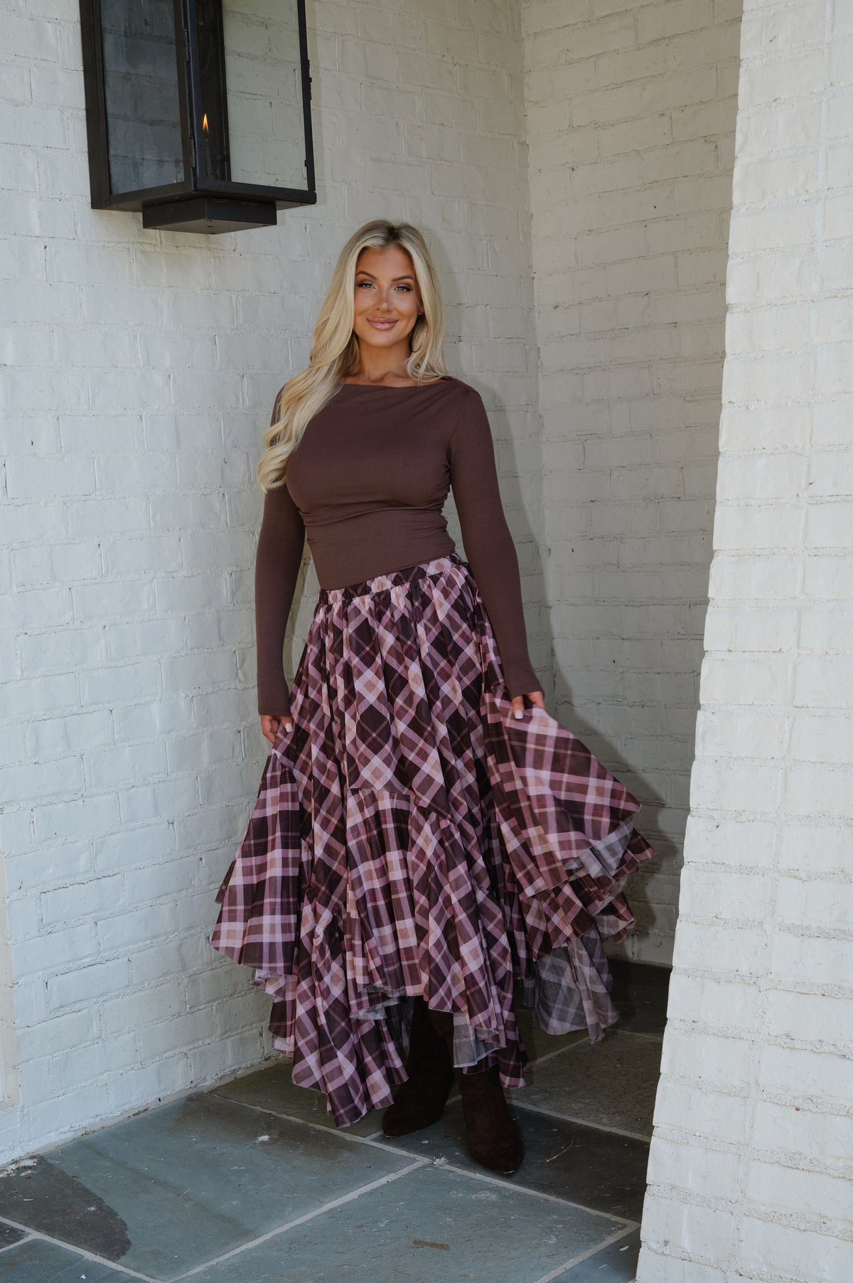 Cami Plaid Maxi Skirt-Chocolate