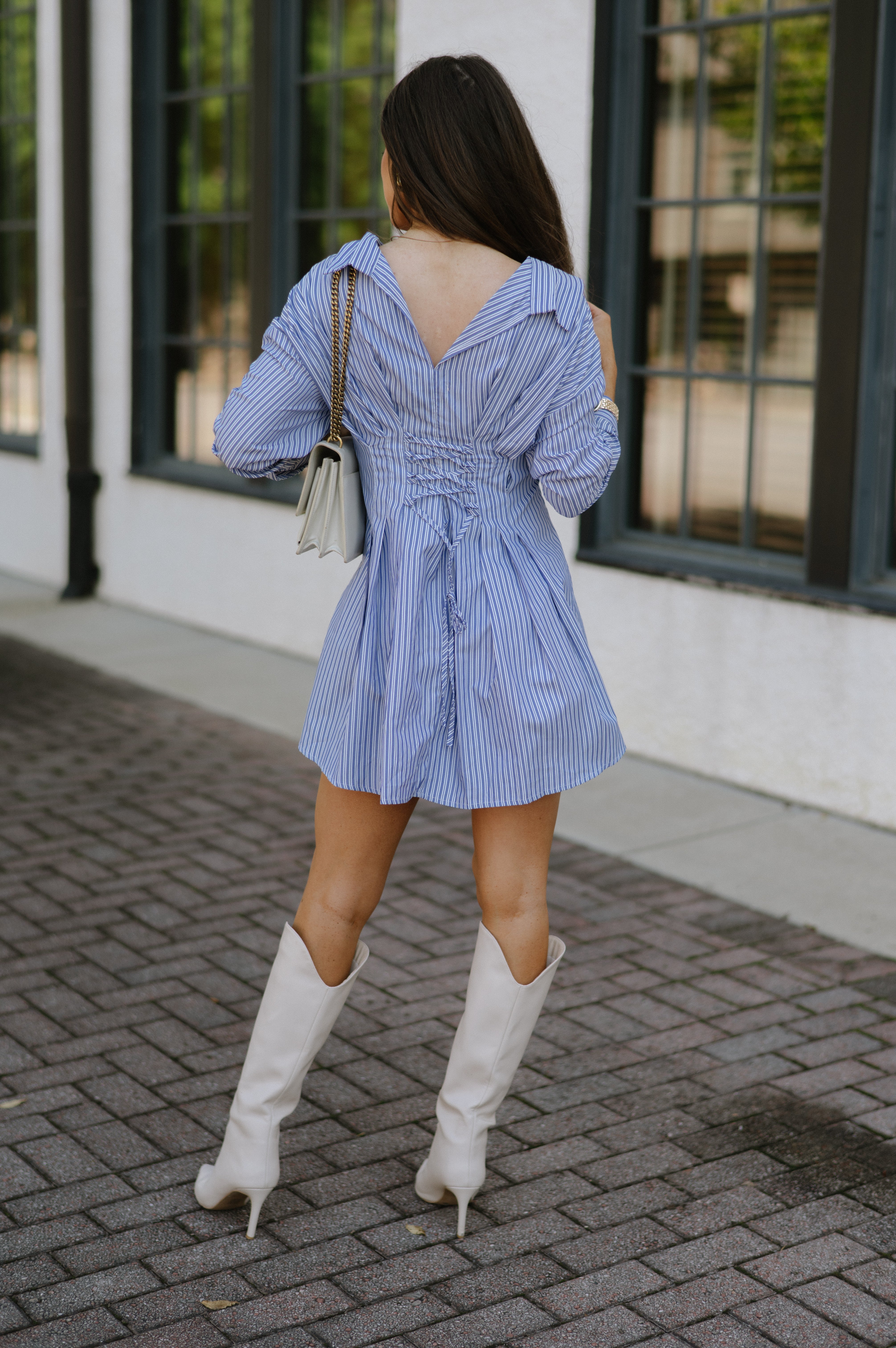 Striped Corset Shirt Dress-Blue