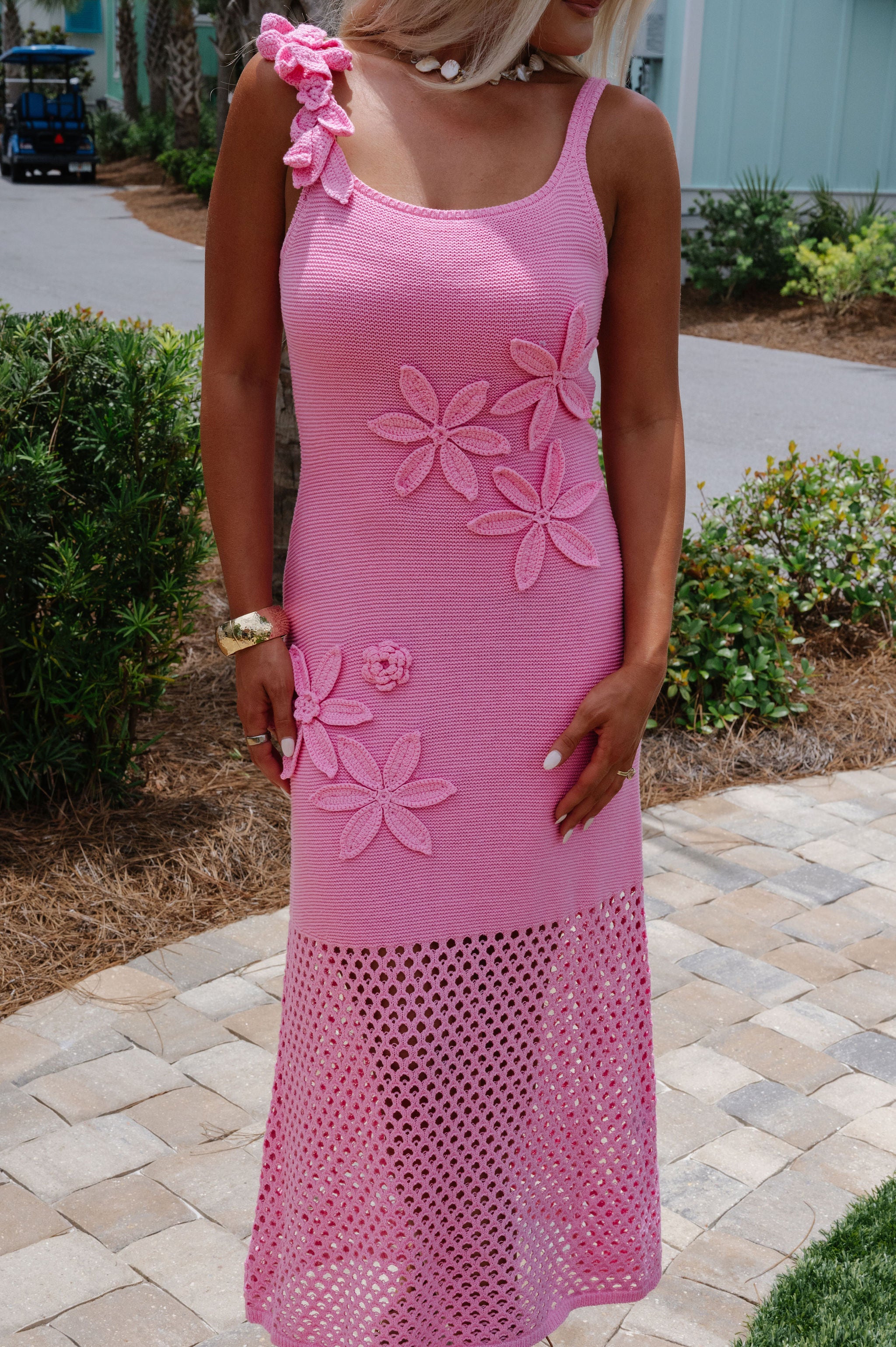 Floral Applique Knit Maxi Dress-Pink