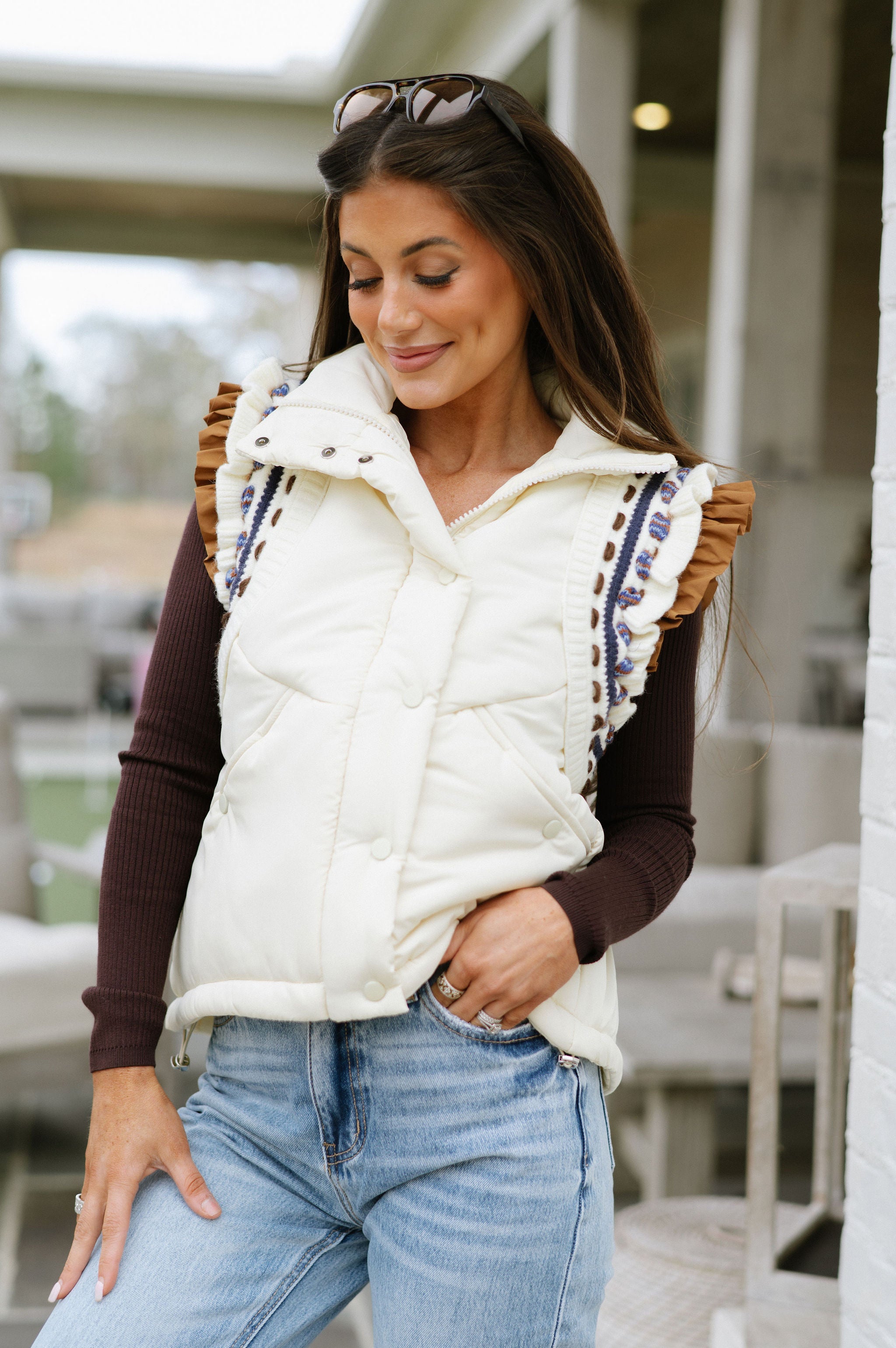 Embroidered Puffer Vest- Ivory