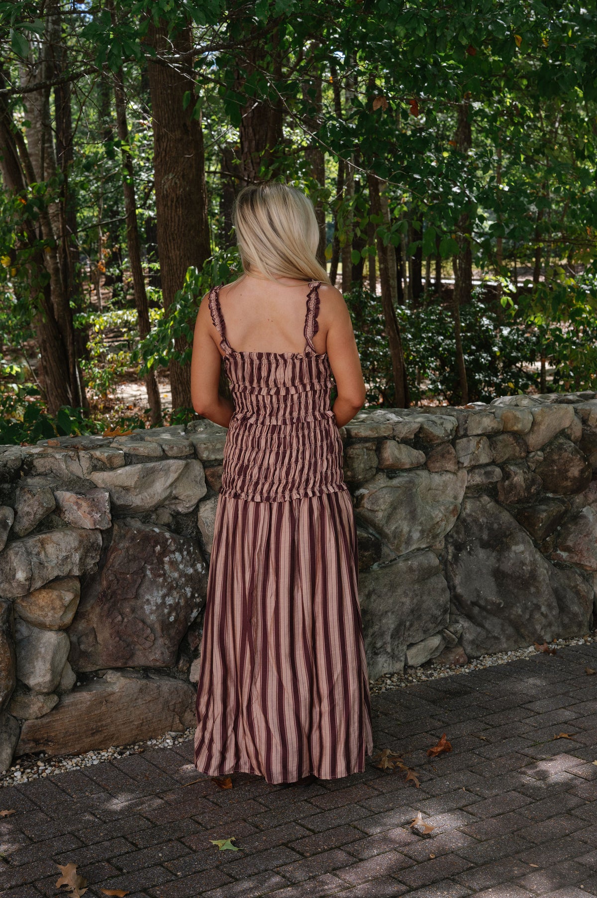 Riley Striped Smocked Maxi Dress-Mocha