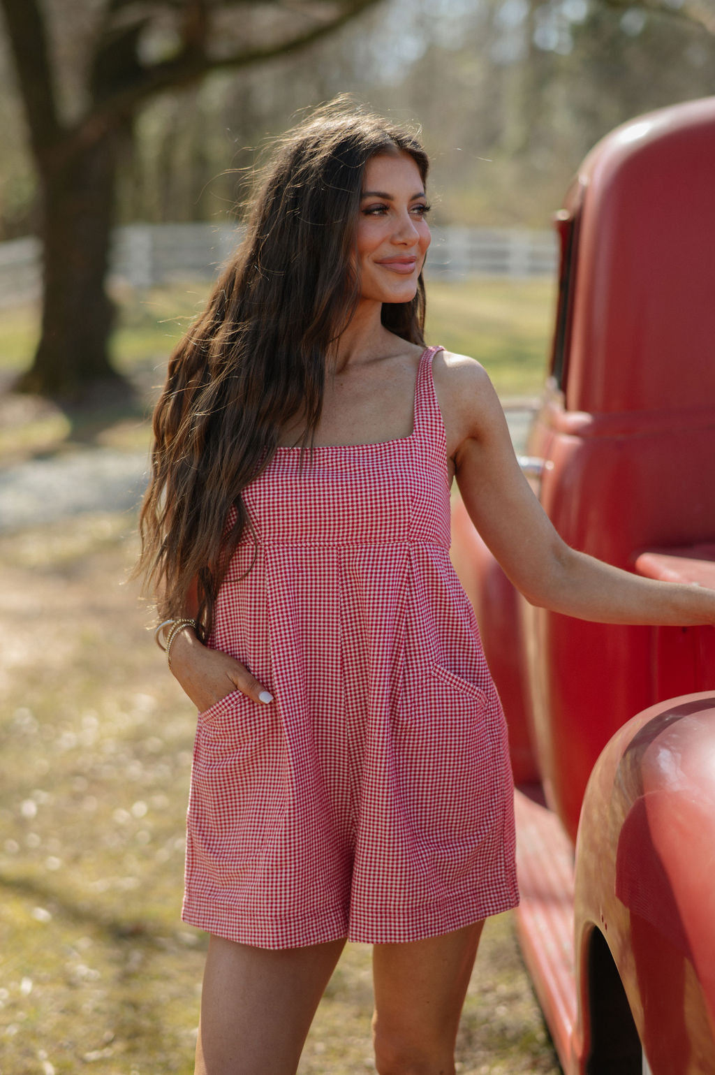 Pocketed Flowy Romper- Red