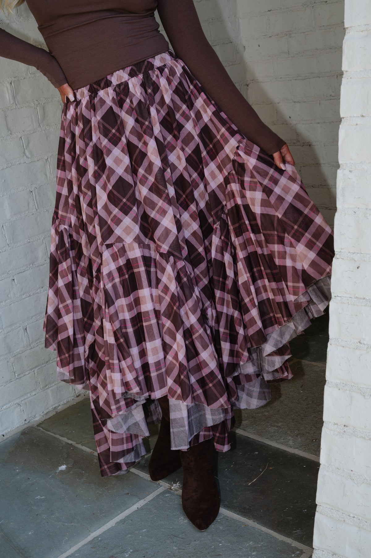 Cami Plaid Maxi Skirt-Chocolate
