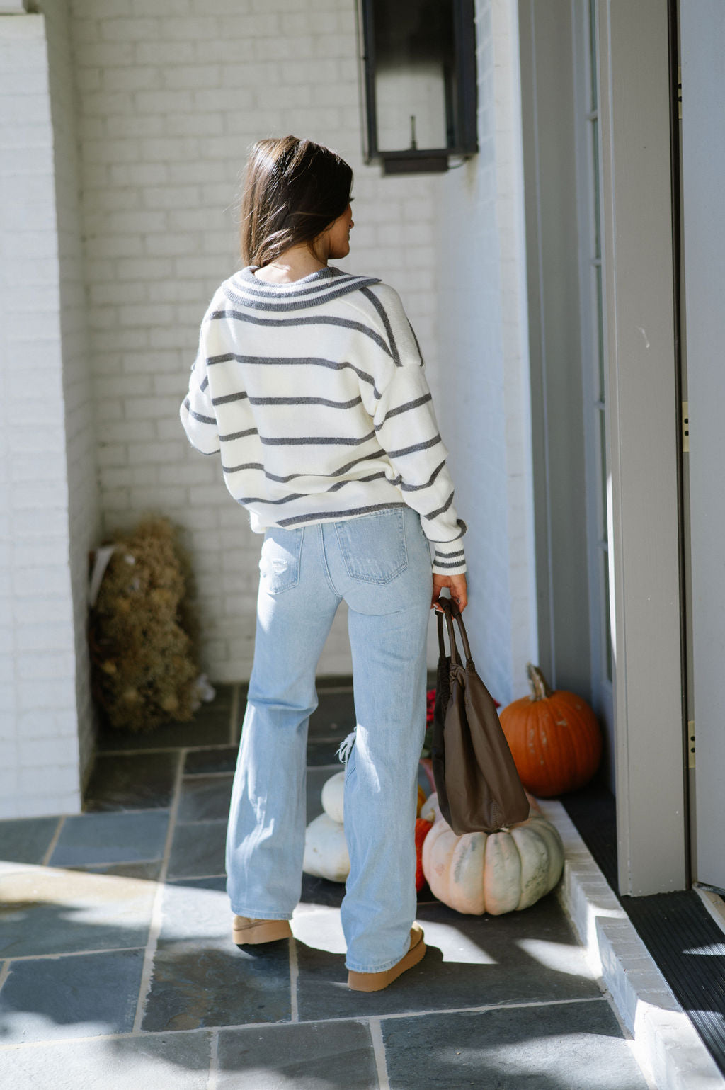 Striped Collared Sweater-Grey Ivory