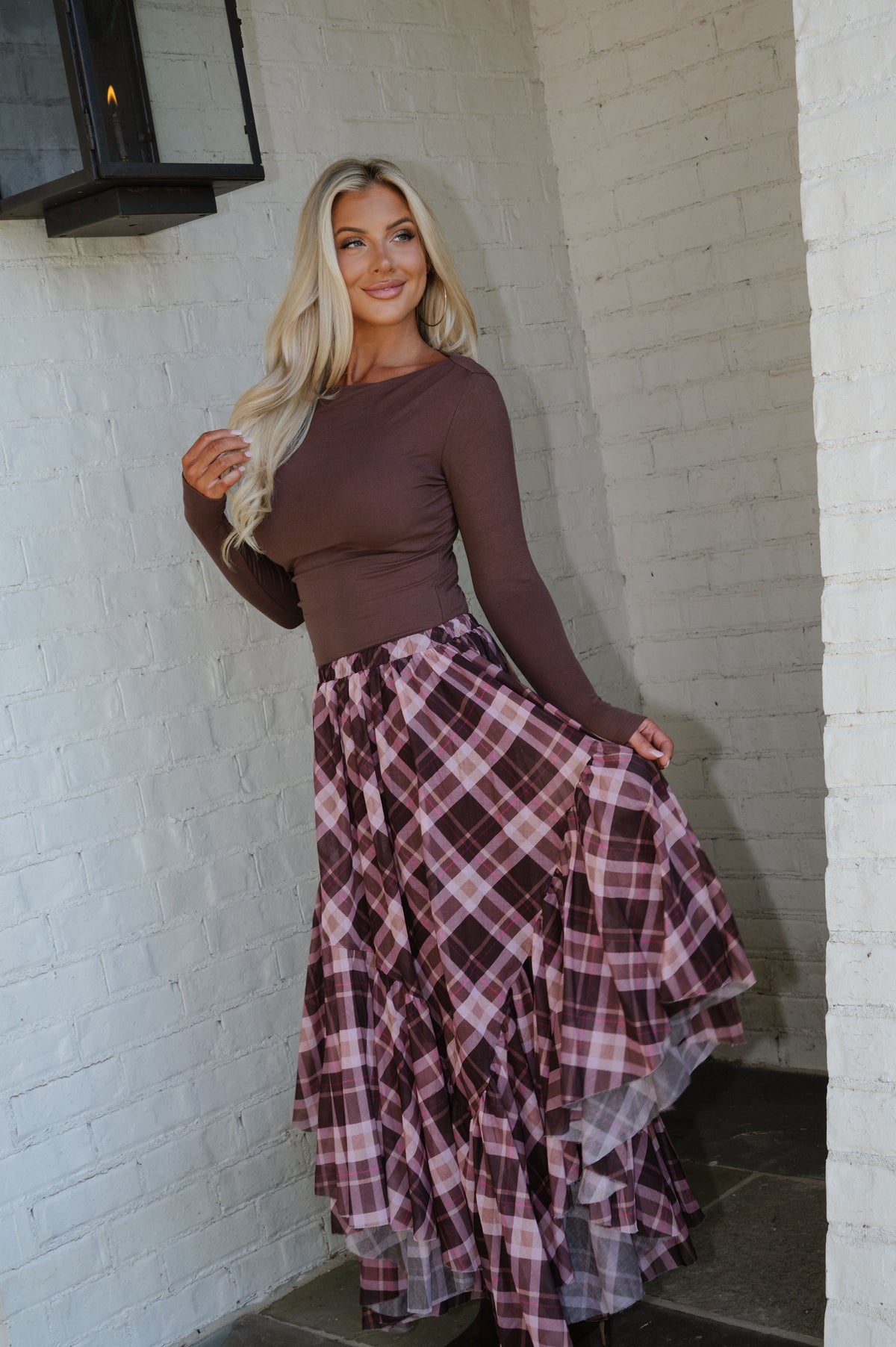 Boat Neck Pintuck Long Sleeve Knit Top-Brown