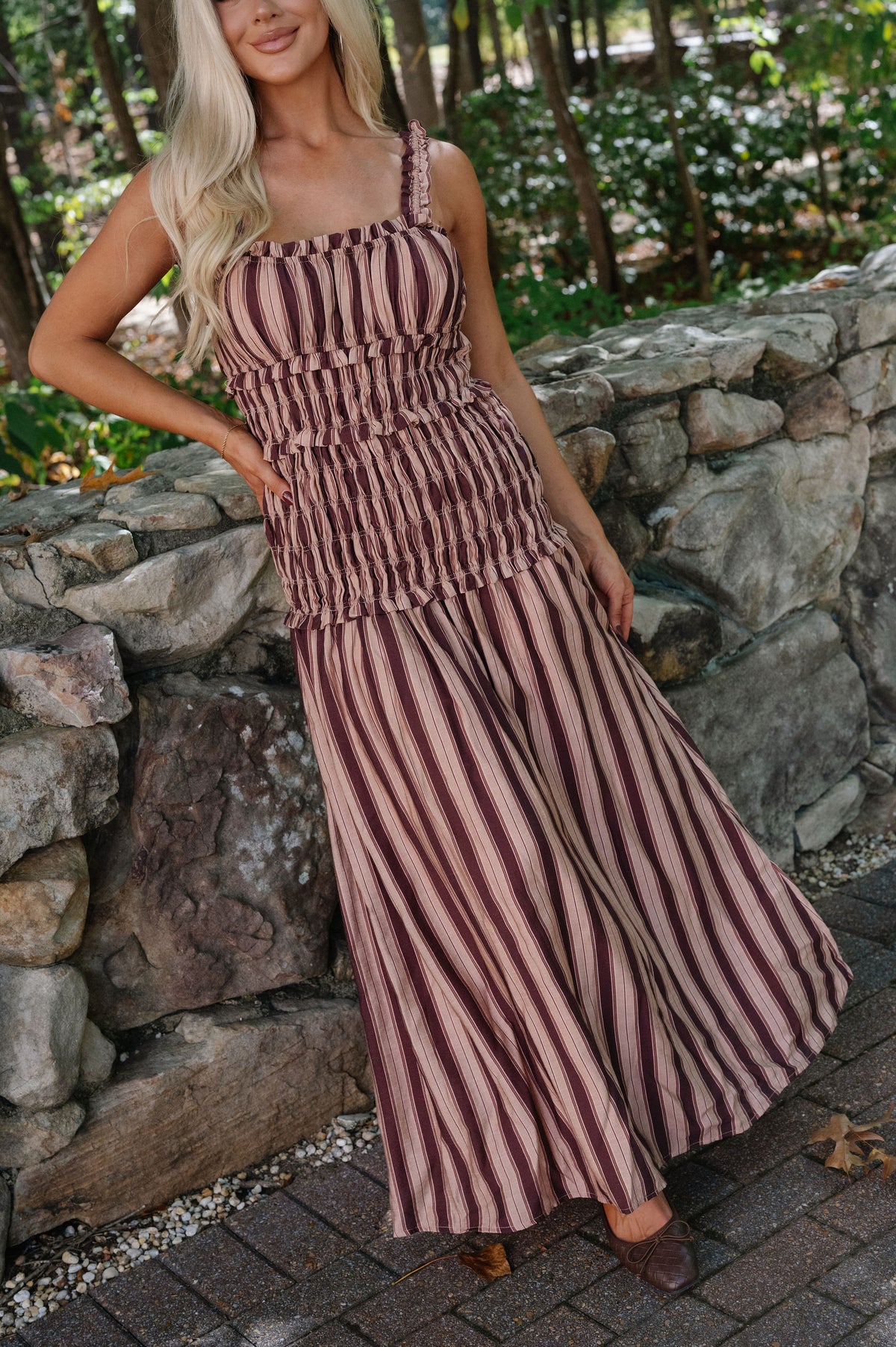 Riley Striped Smocked Maxi Dress-Mocha