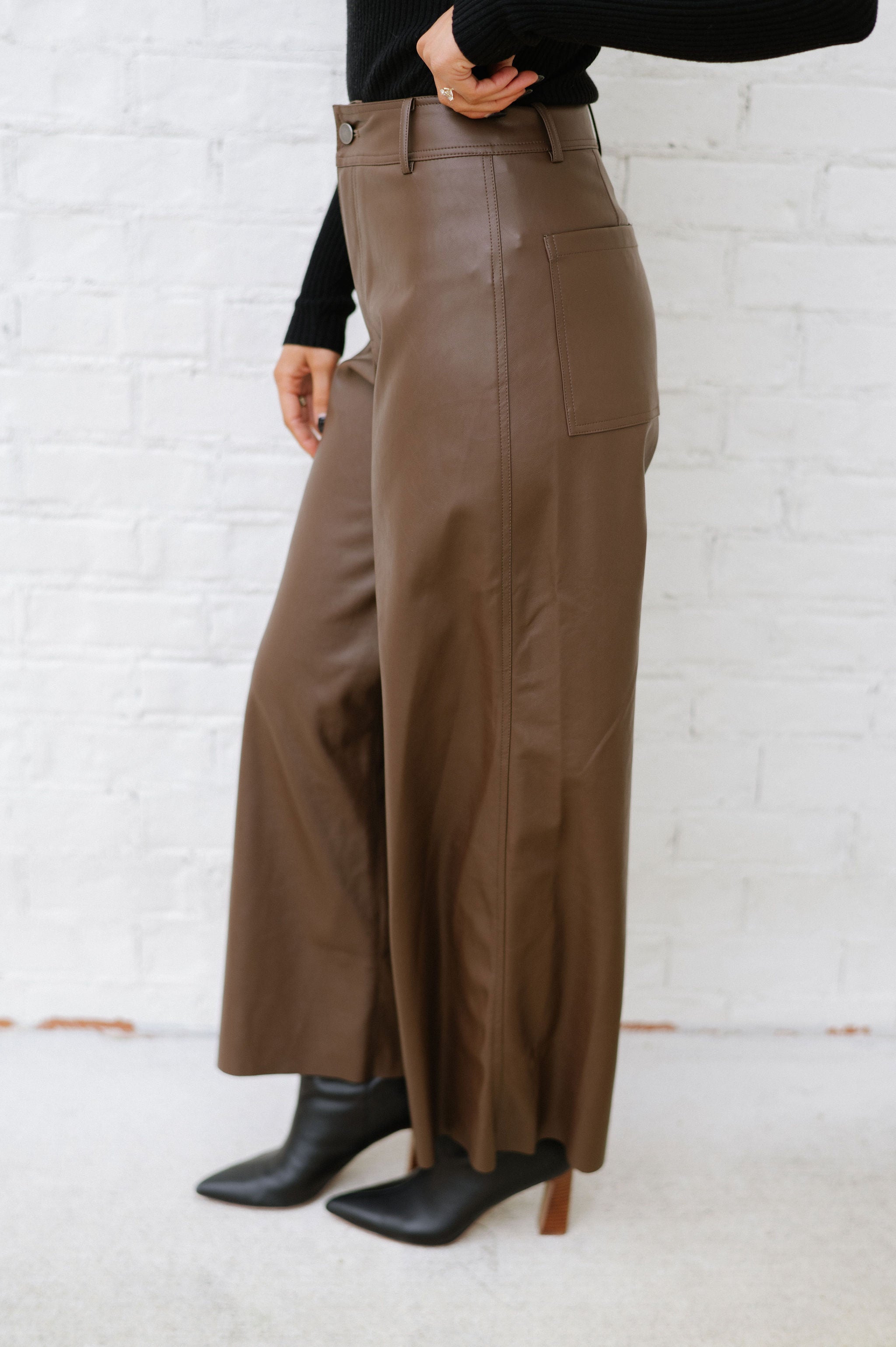 Monica Wide Leg Leather Pants-Brown