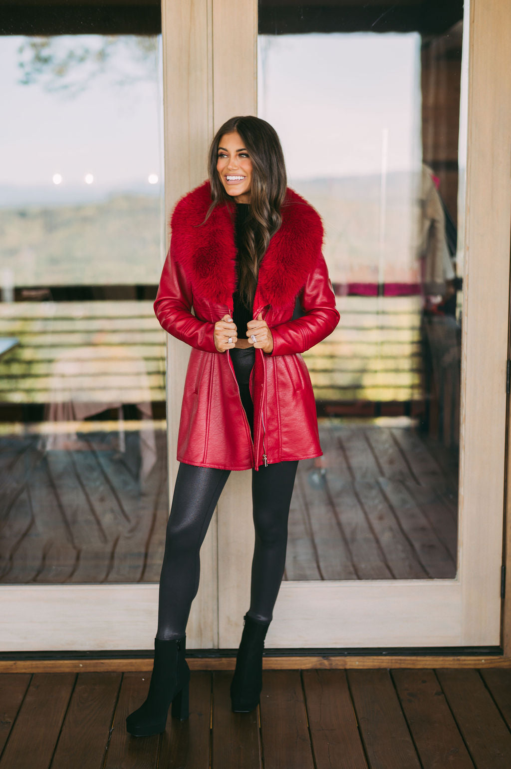 Leather Fur Collar Jacket- Red