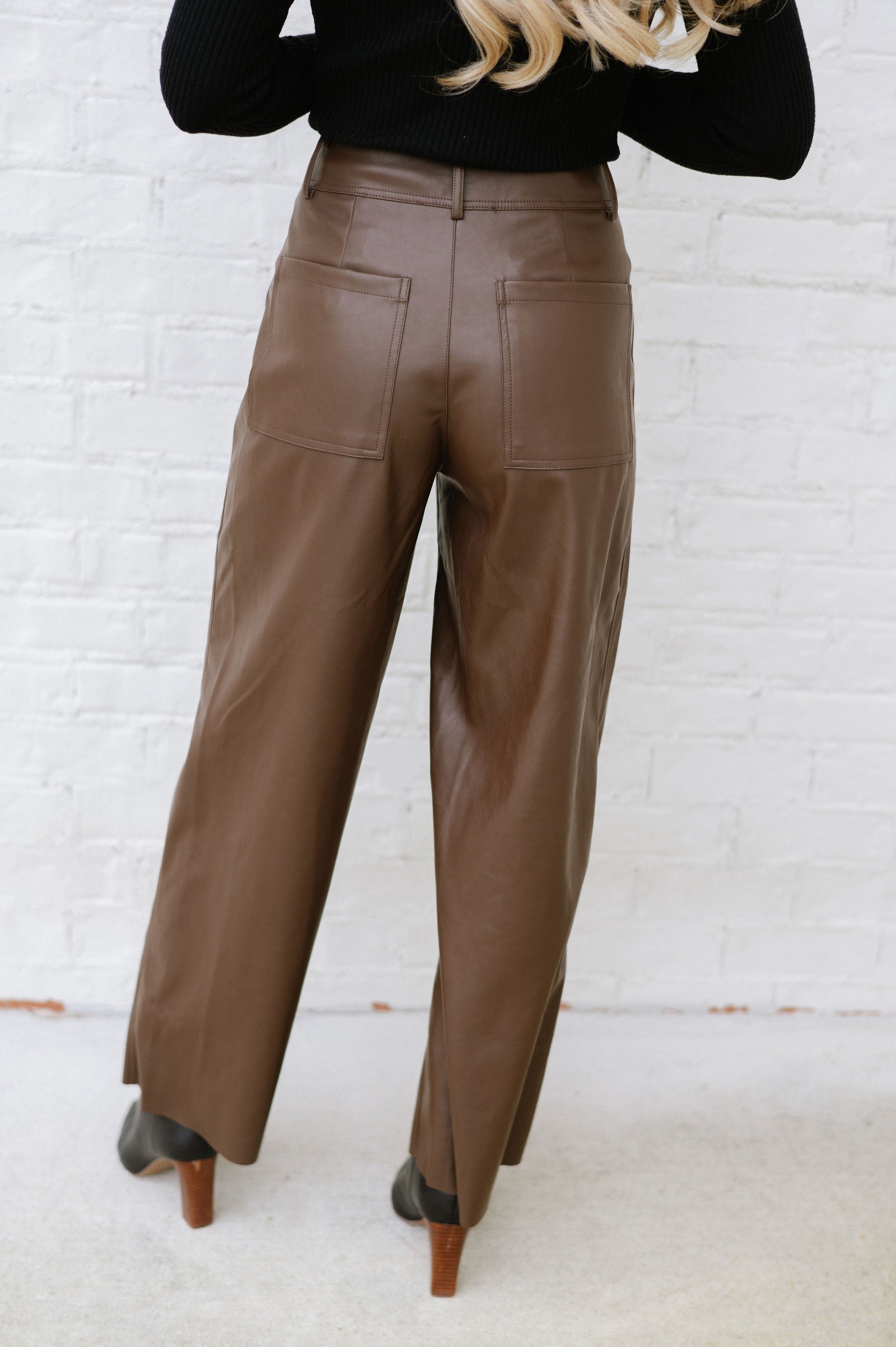 Monica Wide Leg Leather Pants-Brown