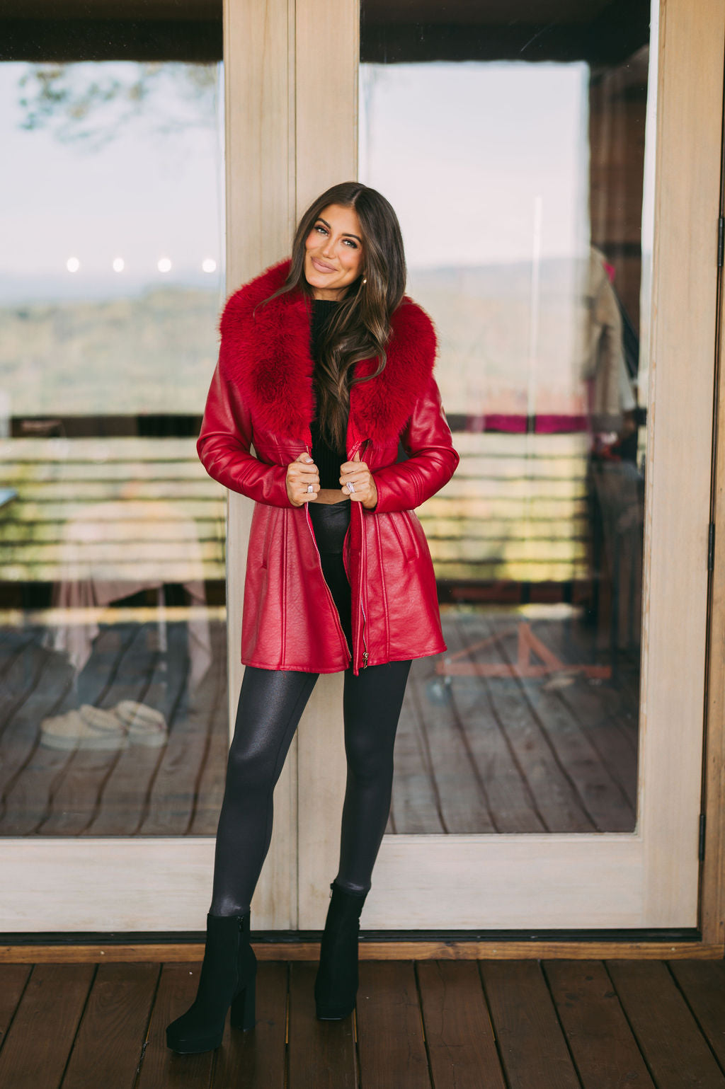 Leather Fur Collar Jacket- Red