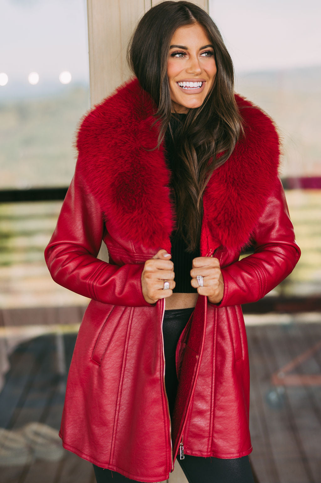 Leather Fur Collar Jacket- Red