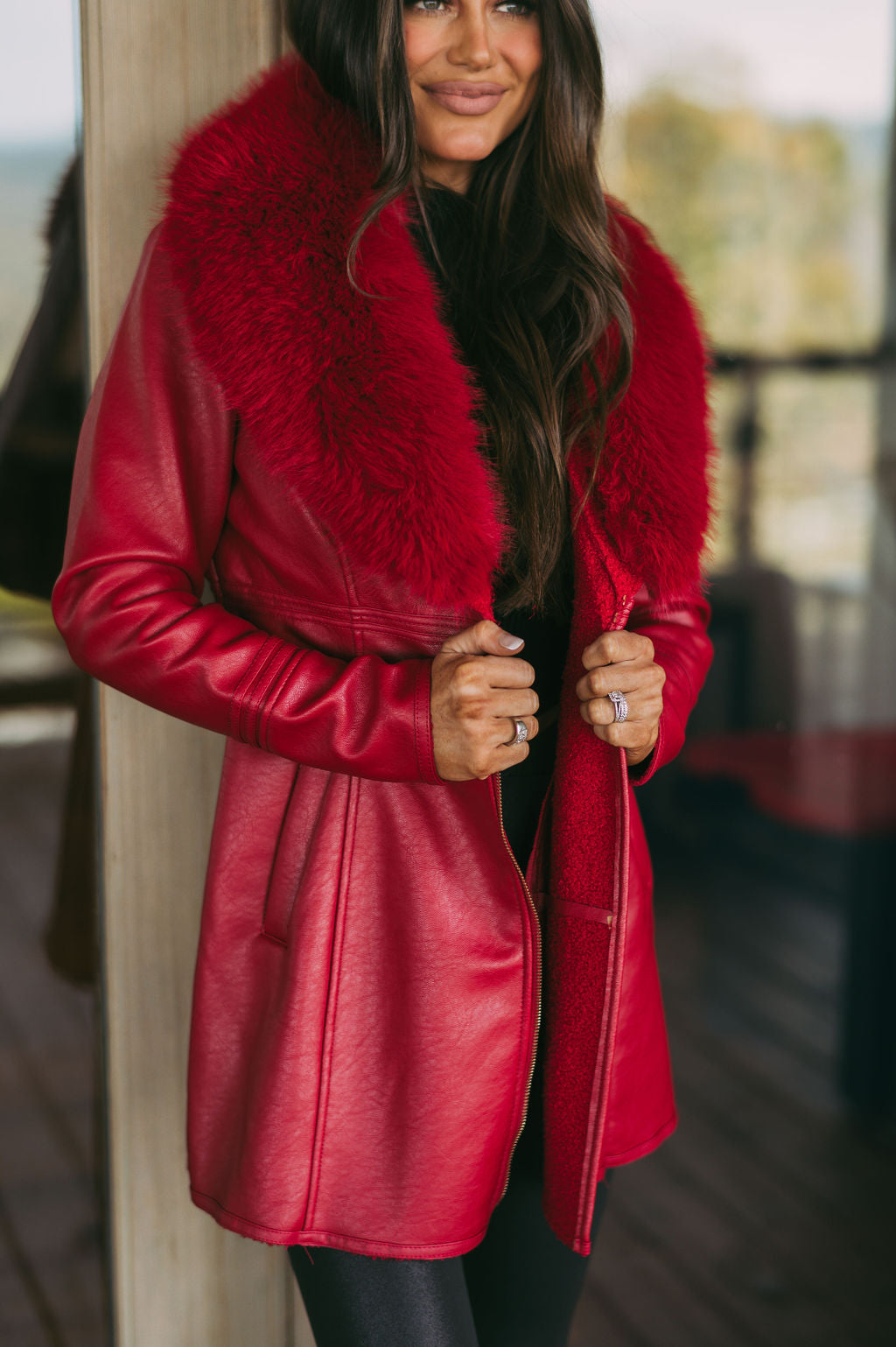 Leather Fur Collar Jacket- Red