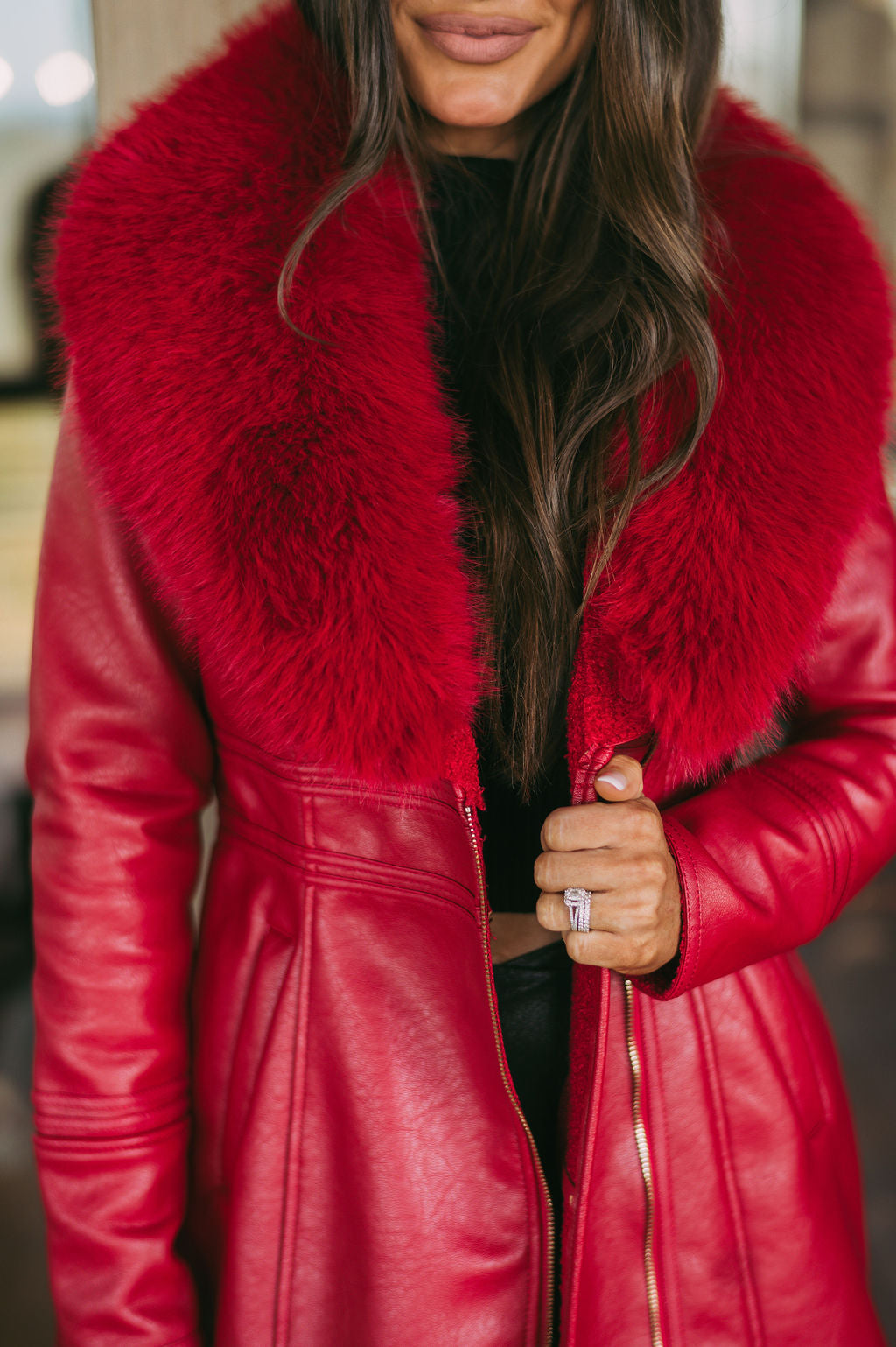 Leather Fur Collar Jacket- Red