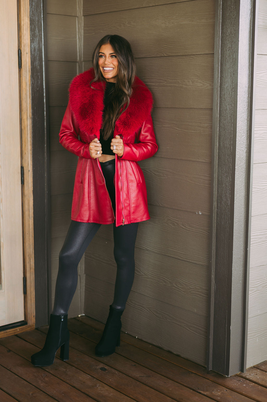 Leather Fur Collar Jacket- Red