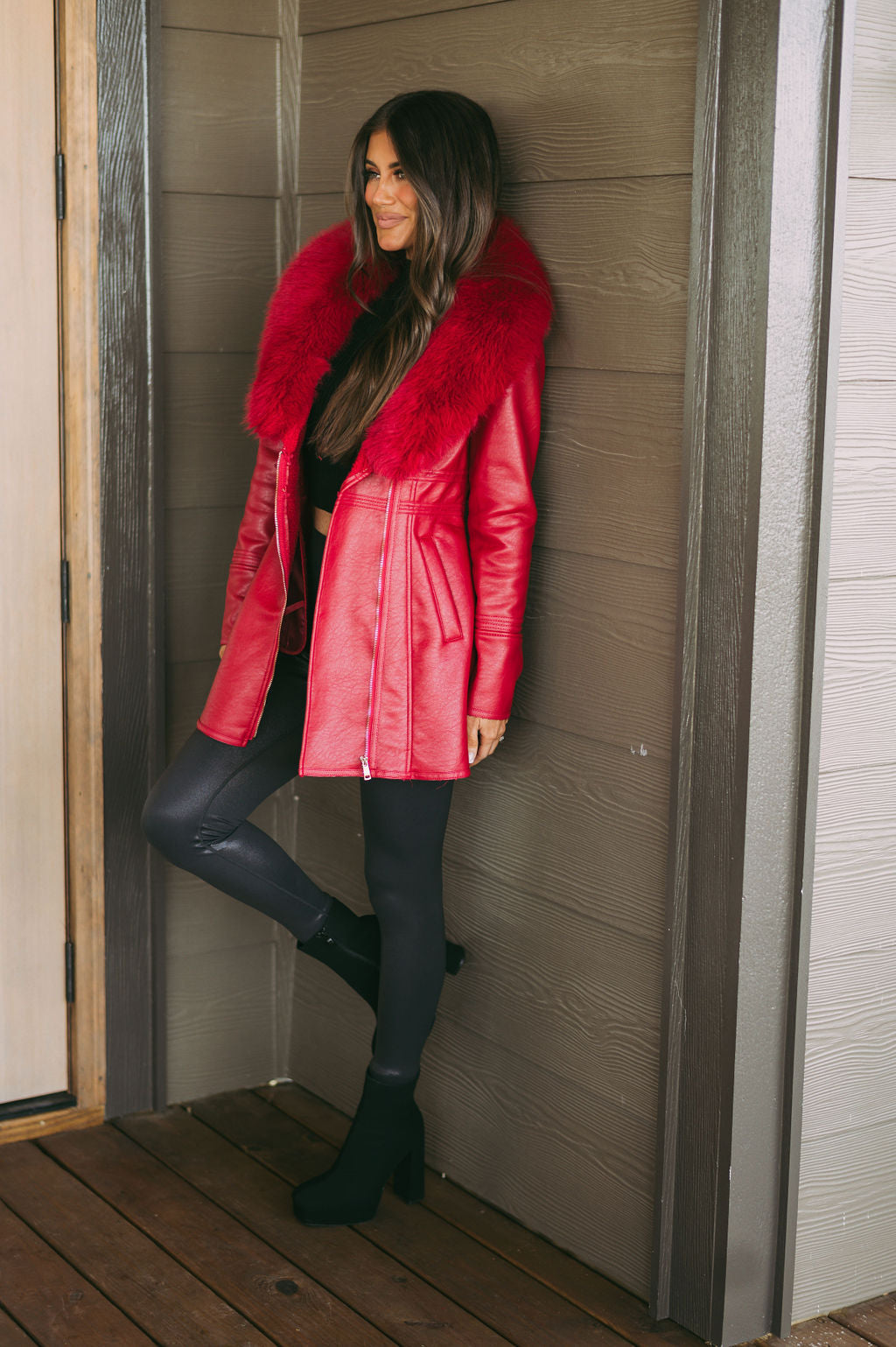 Leather Fur Collar Jacket- Red