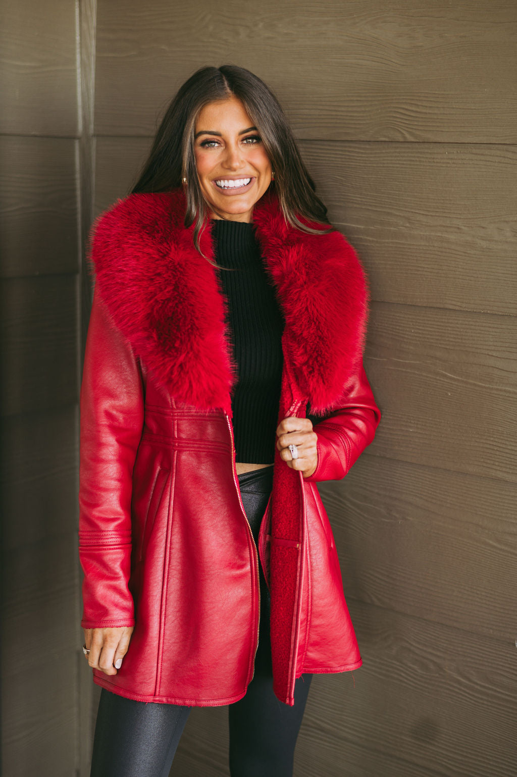 Leather Fur Collar Jacket- Red