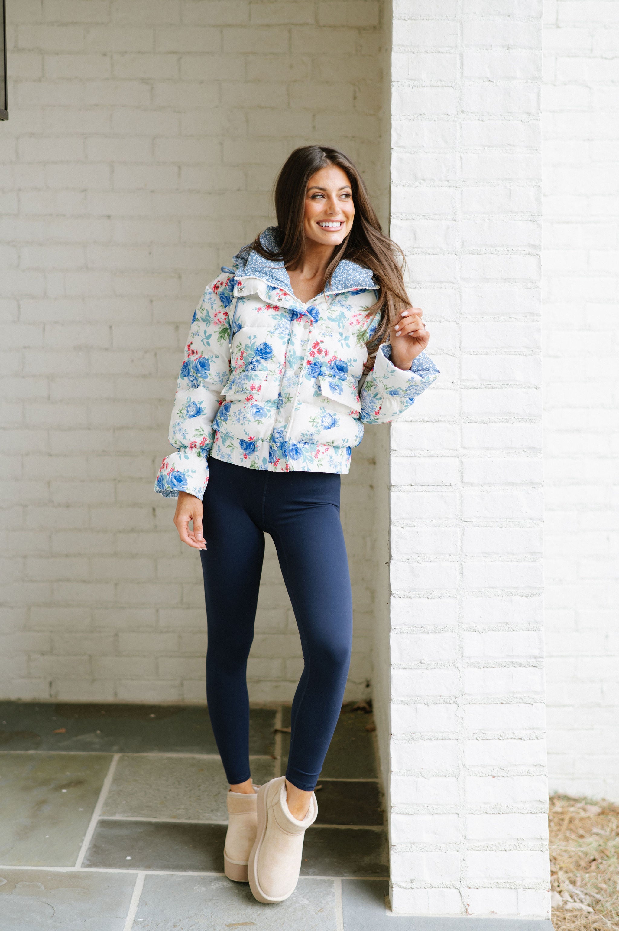 Elise Floral Puffer Jacket-Blue