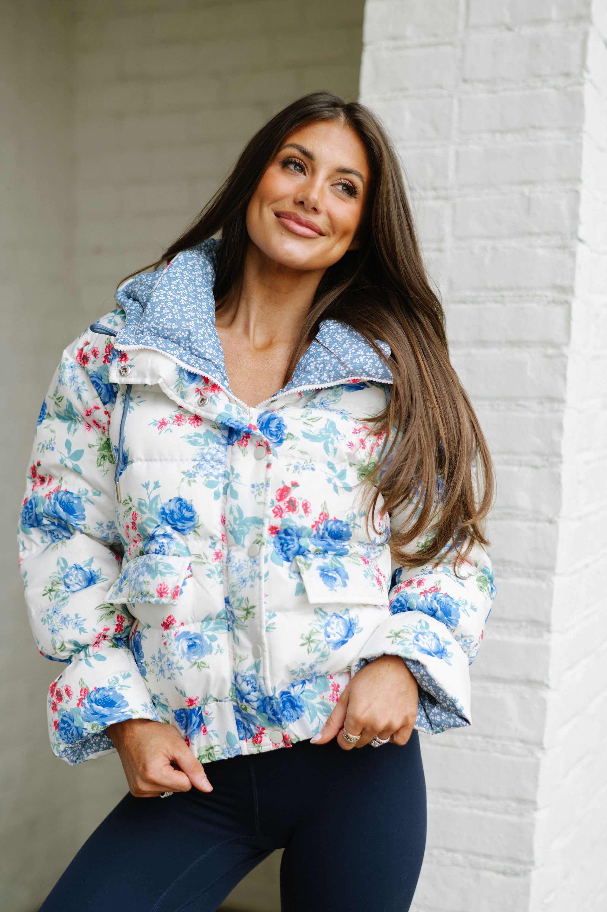 Elise Floral Puffer Jacket-Blue