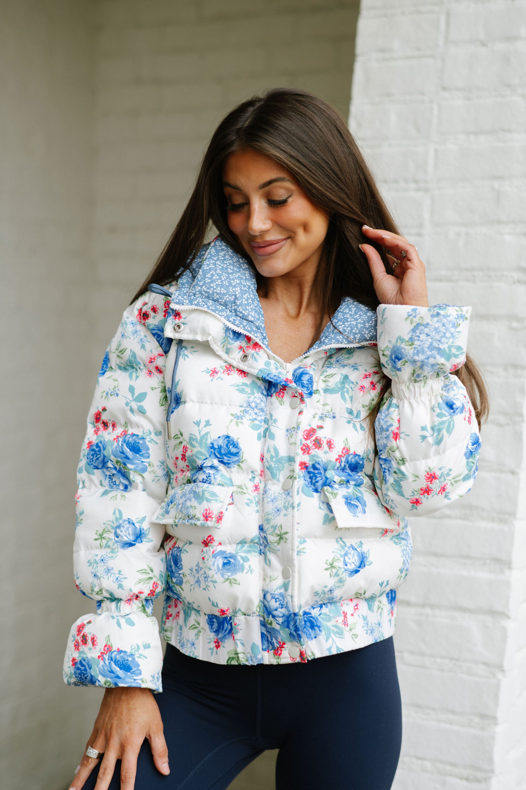 Elise Floral Puffer Jacket-Blue