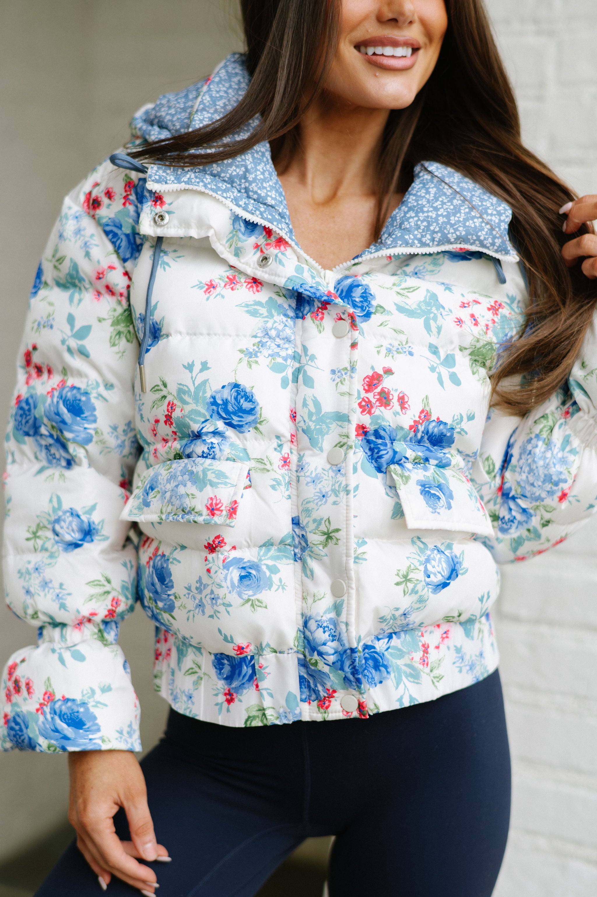 Elise Floral Puffer Jacket-Blue