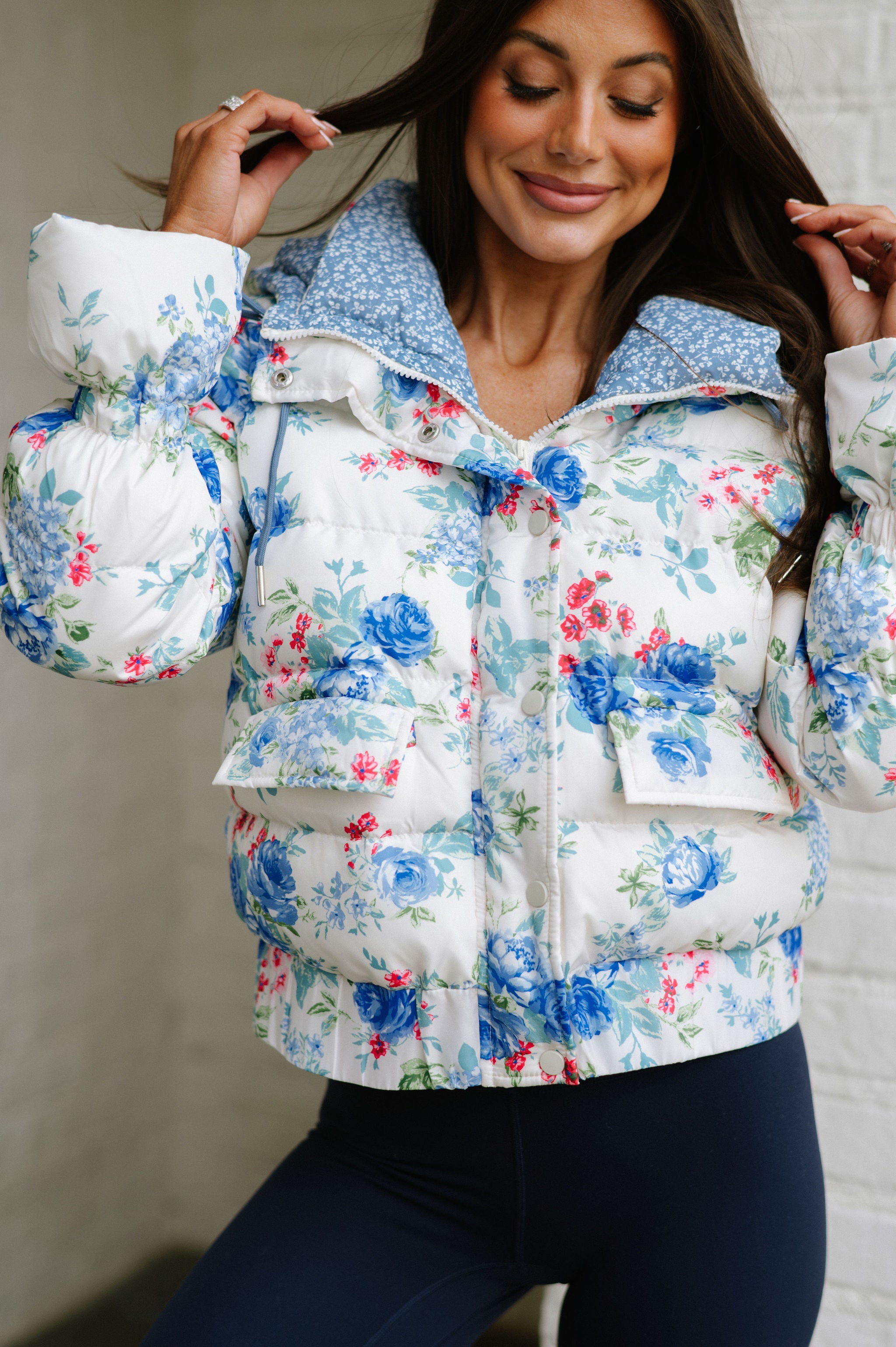 Elise Floral Puffer Jacket-Blue