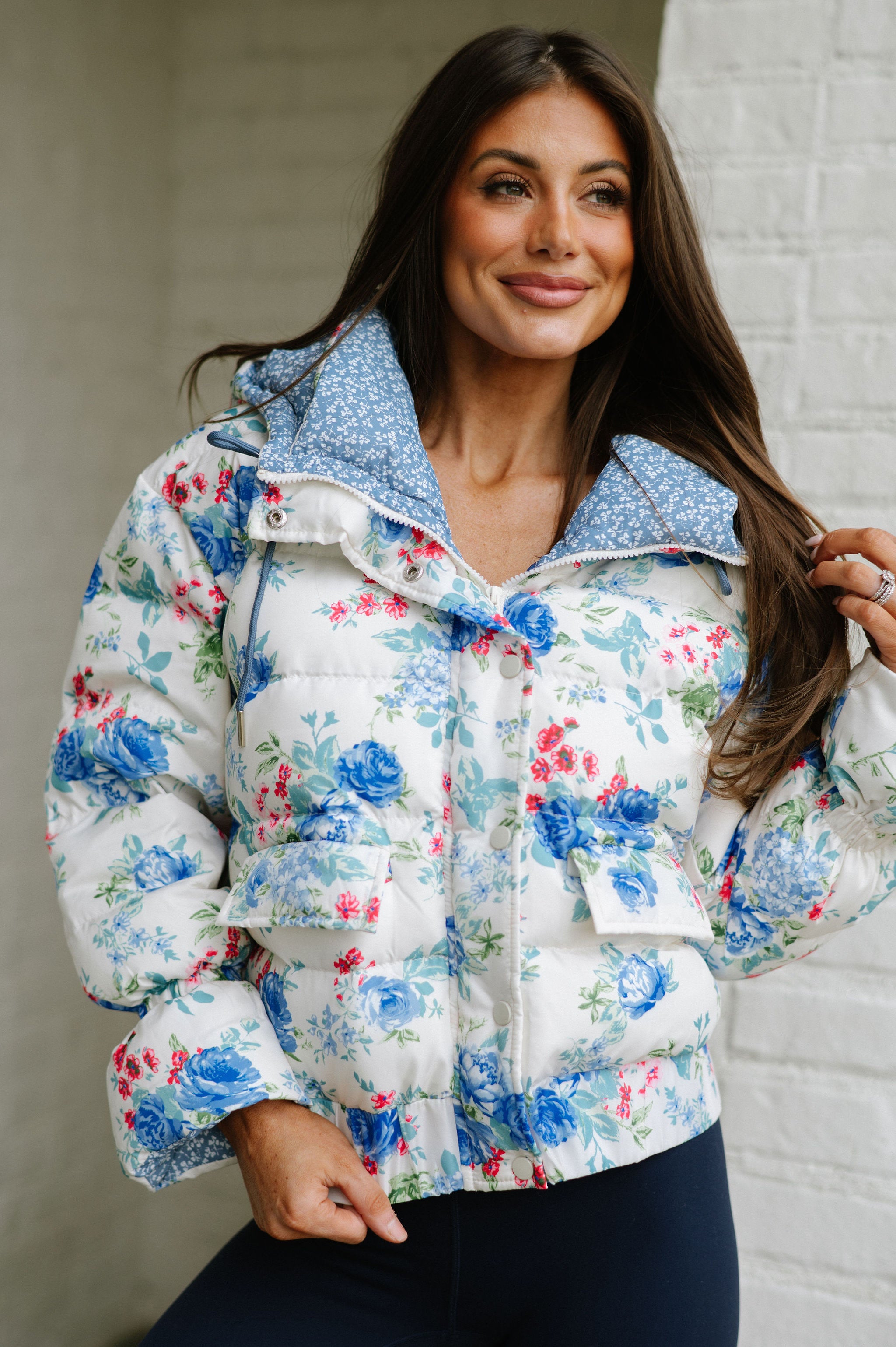 Elise Floral Puffer Jacket-Blue