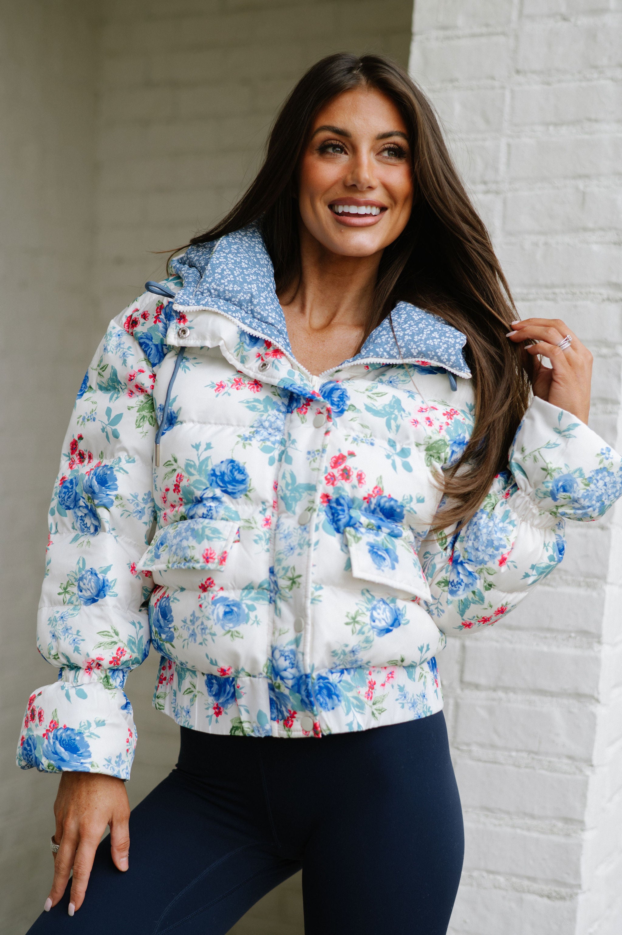 Elise Floral Puffer Jacket-Blue