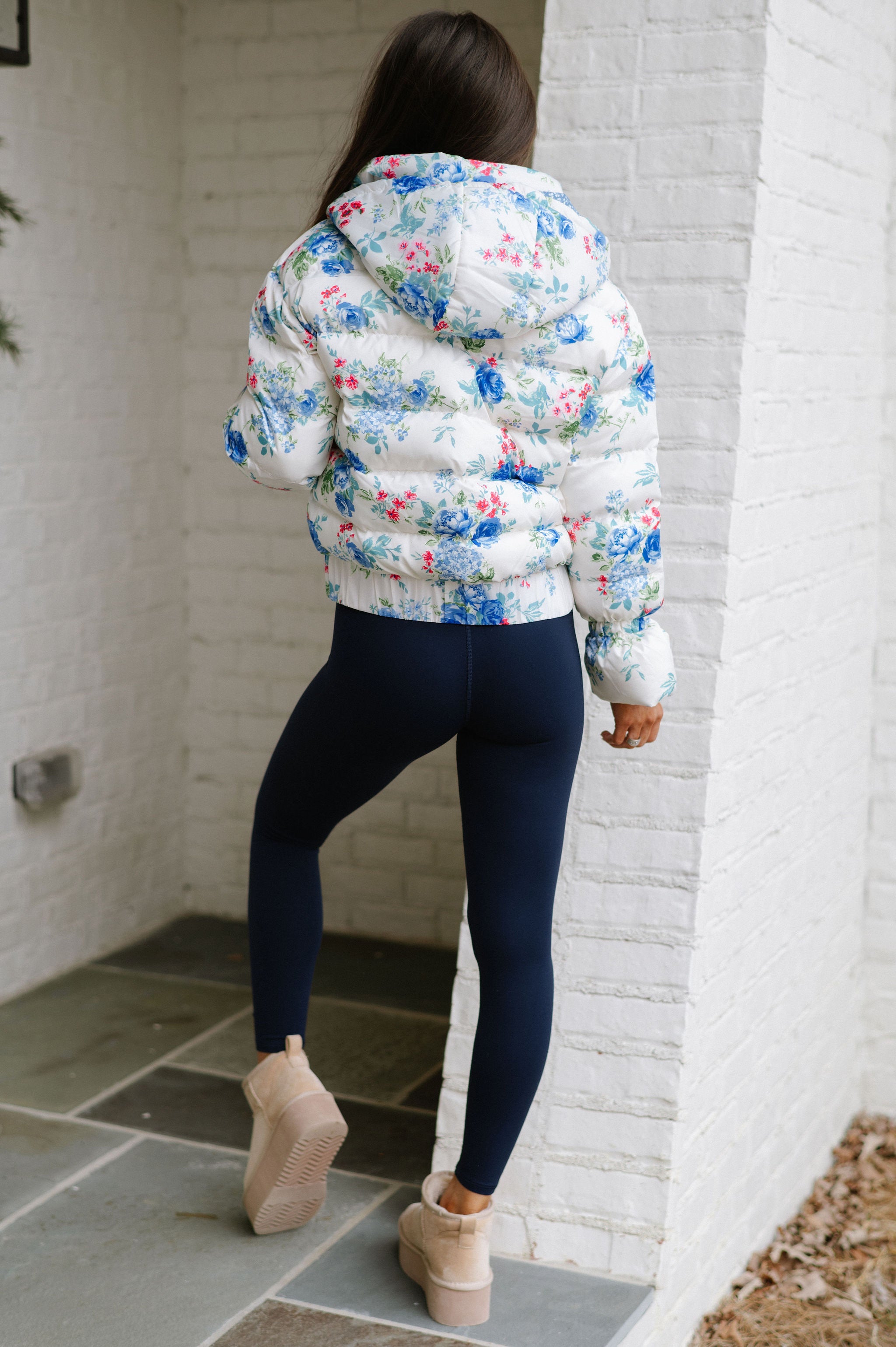 Elise Floral Puffer Jacket-Blue