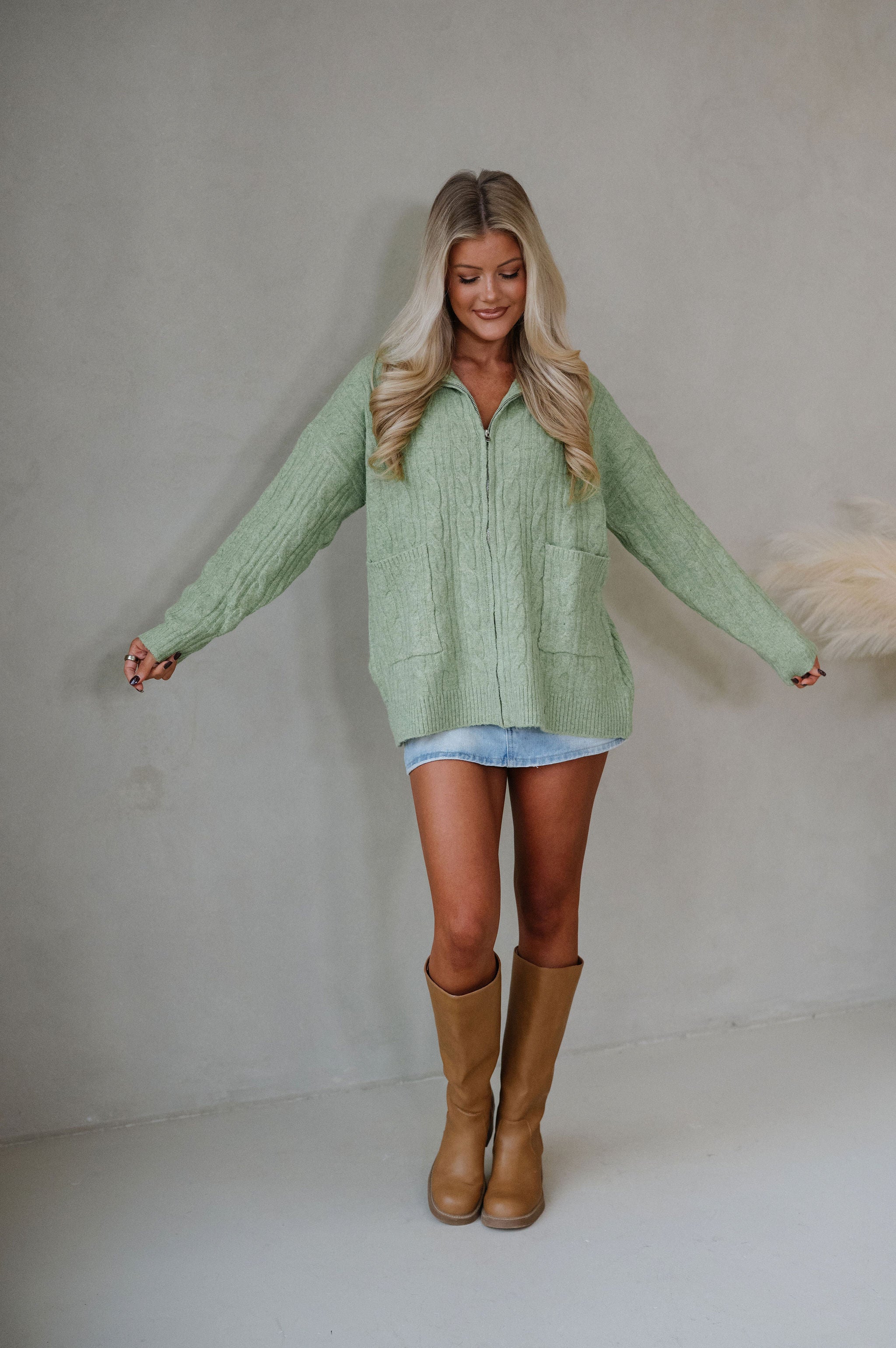 Tara Cable Knit Cardigan-Green