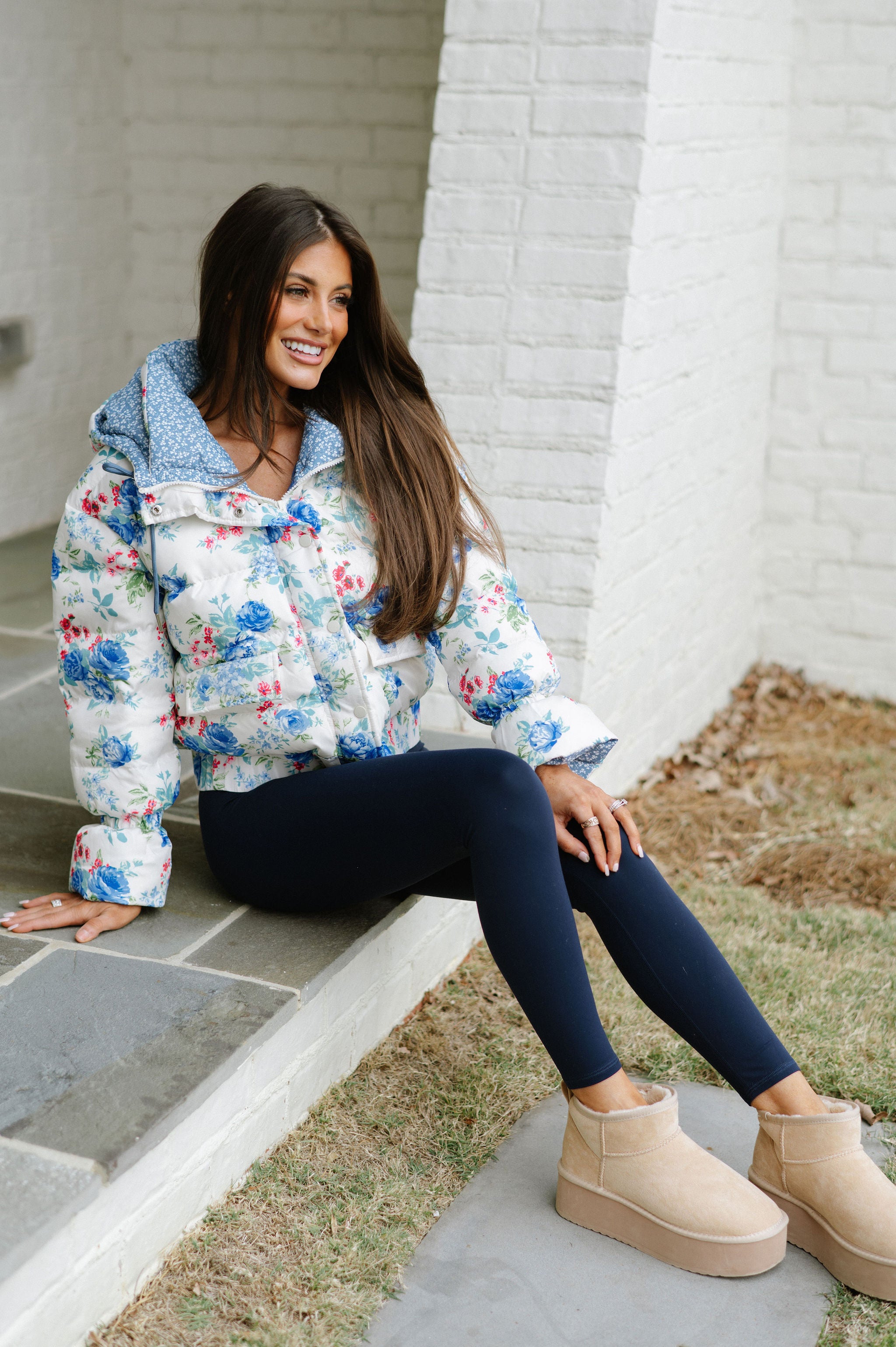 Elise Floral Puffer Jacket-Blue