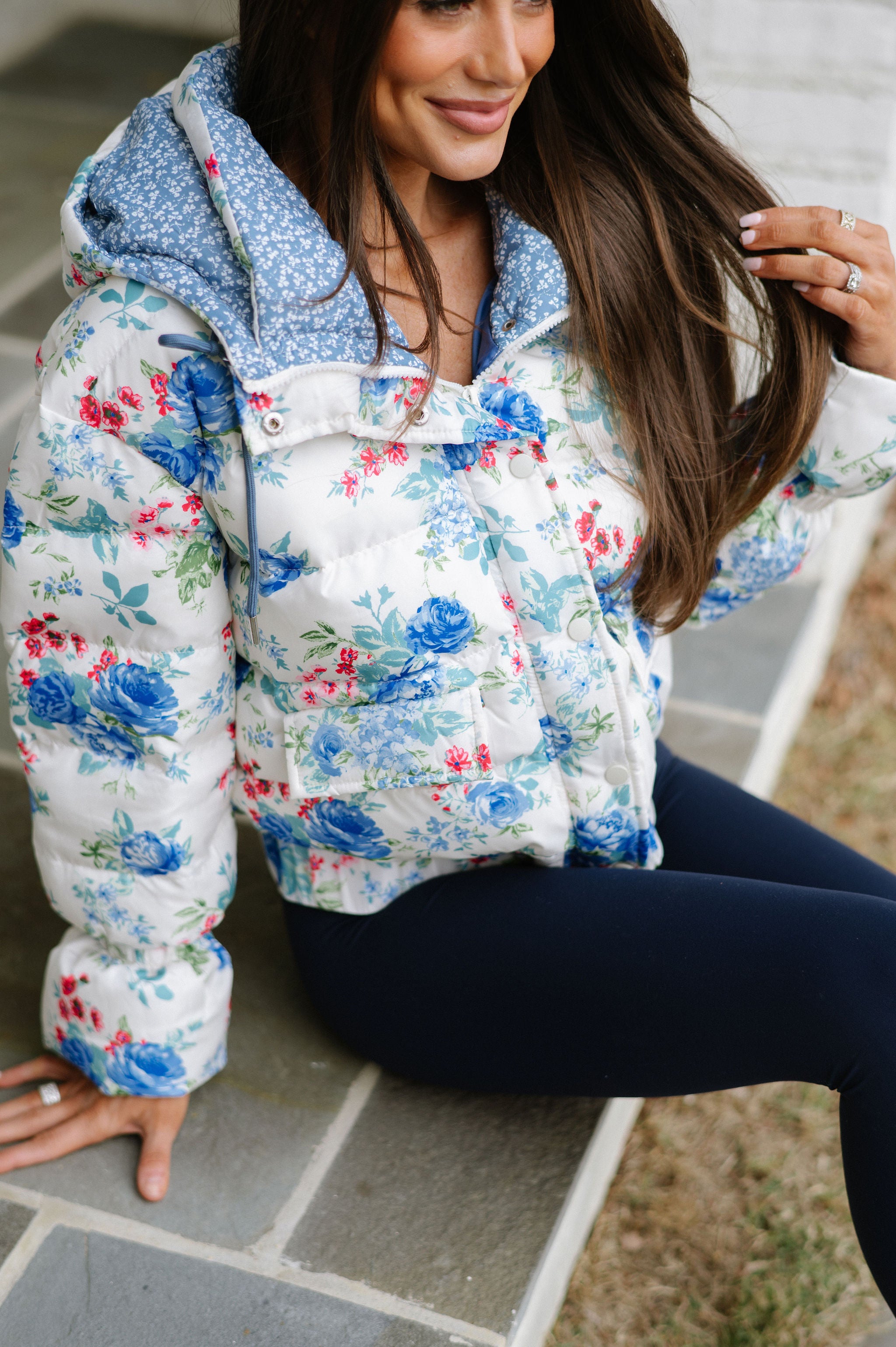 Elise Floral Puffer Jacket-Blue