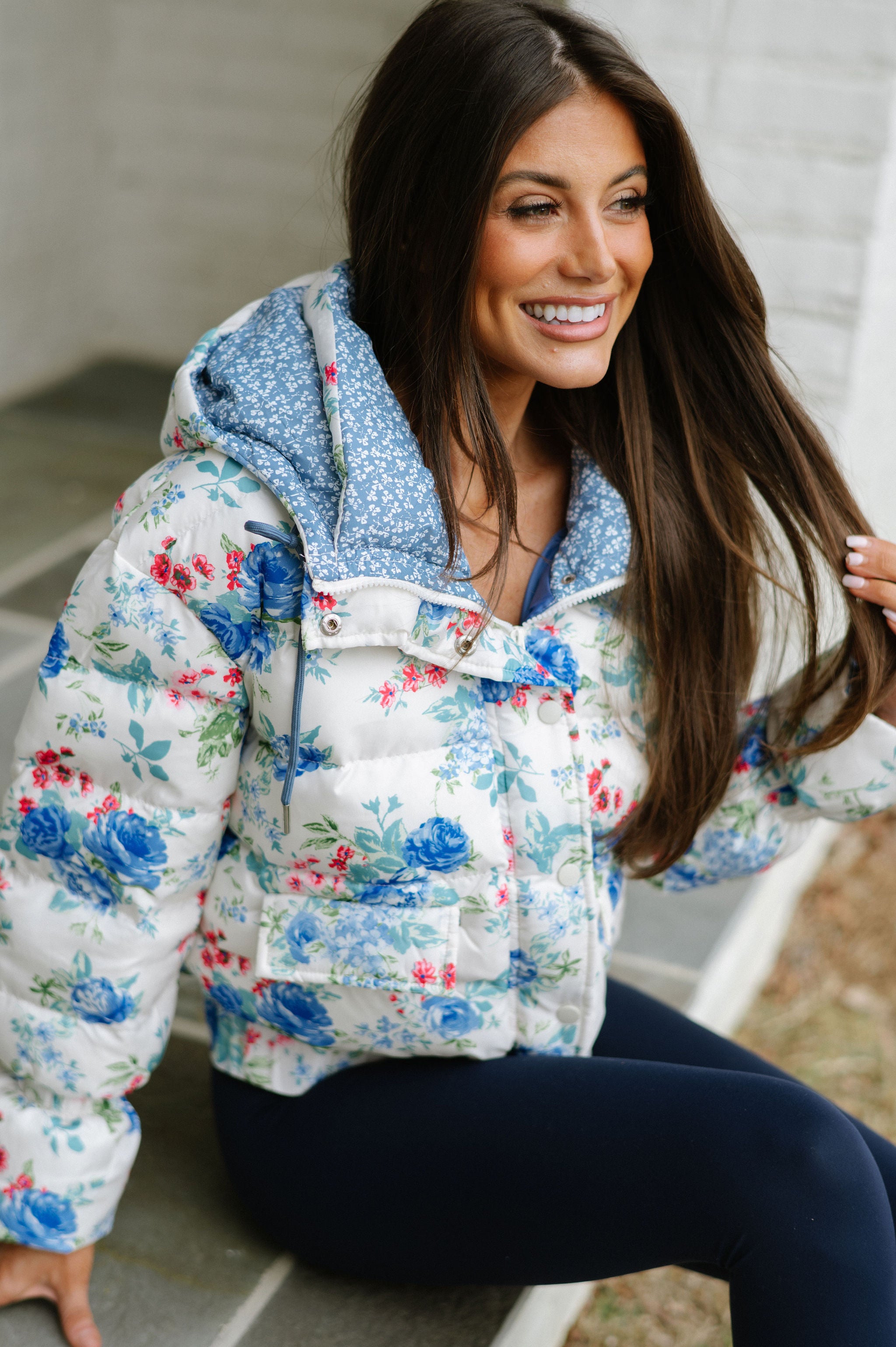 Elise Floral Puffer Jacket-Blue