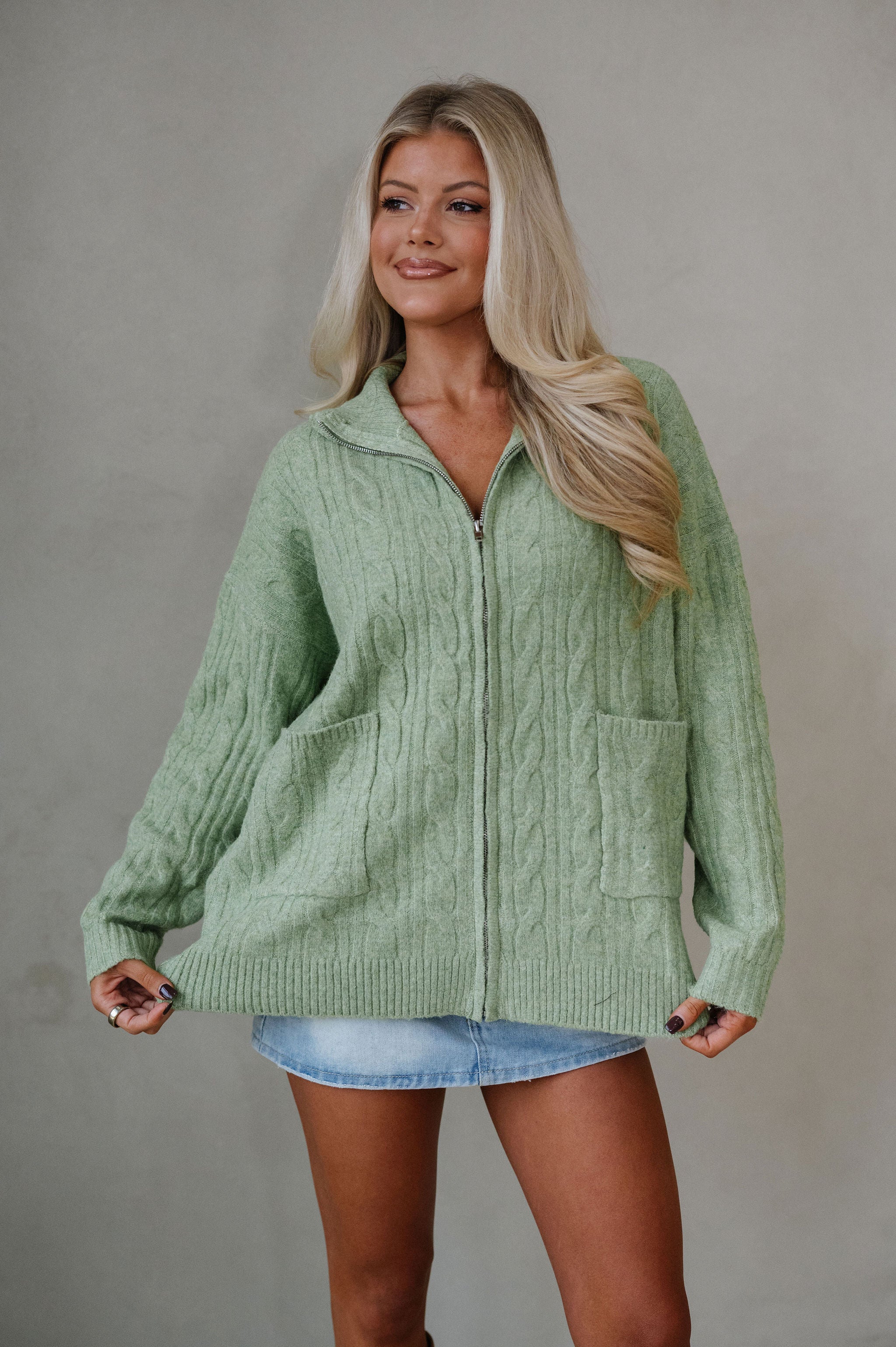 Tara Cable Knit Cardigan-Green