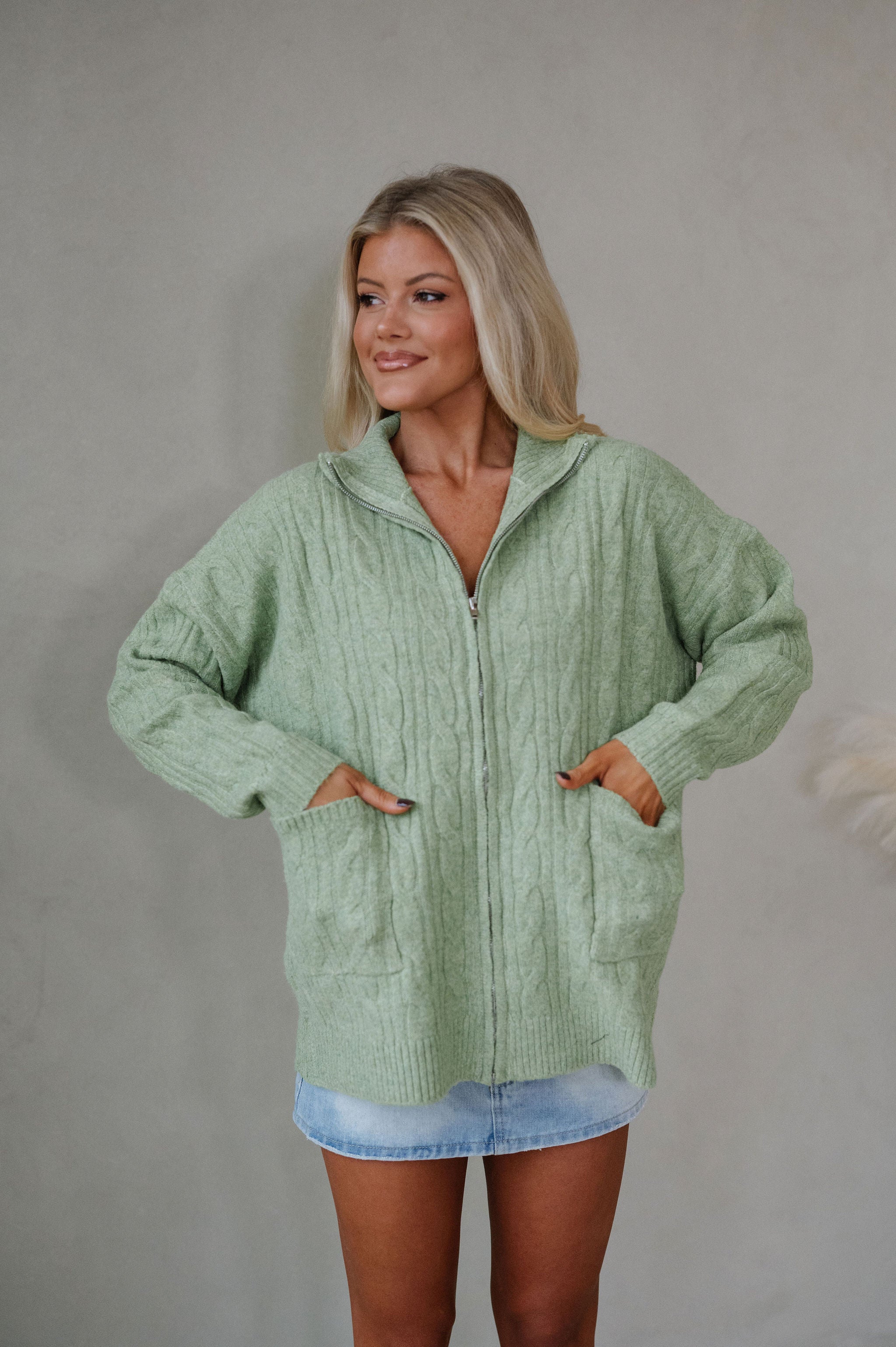 Tara Cable Knit Cardigan-Green