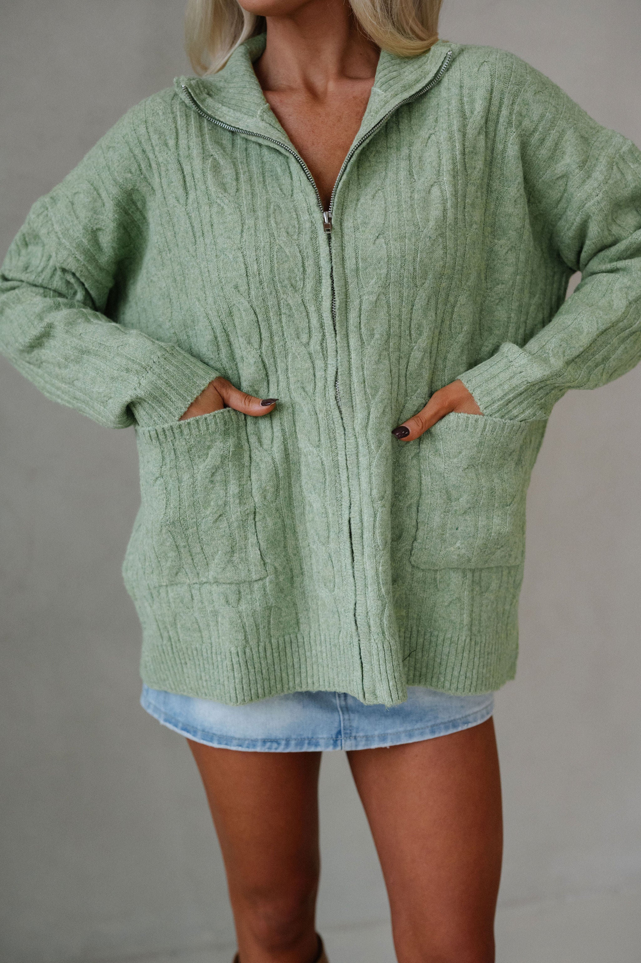 Tara Cable Knit Cardigan-Green