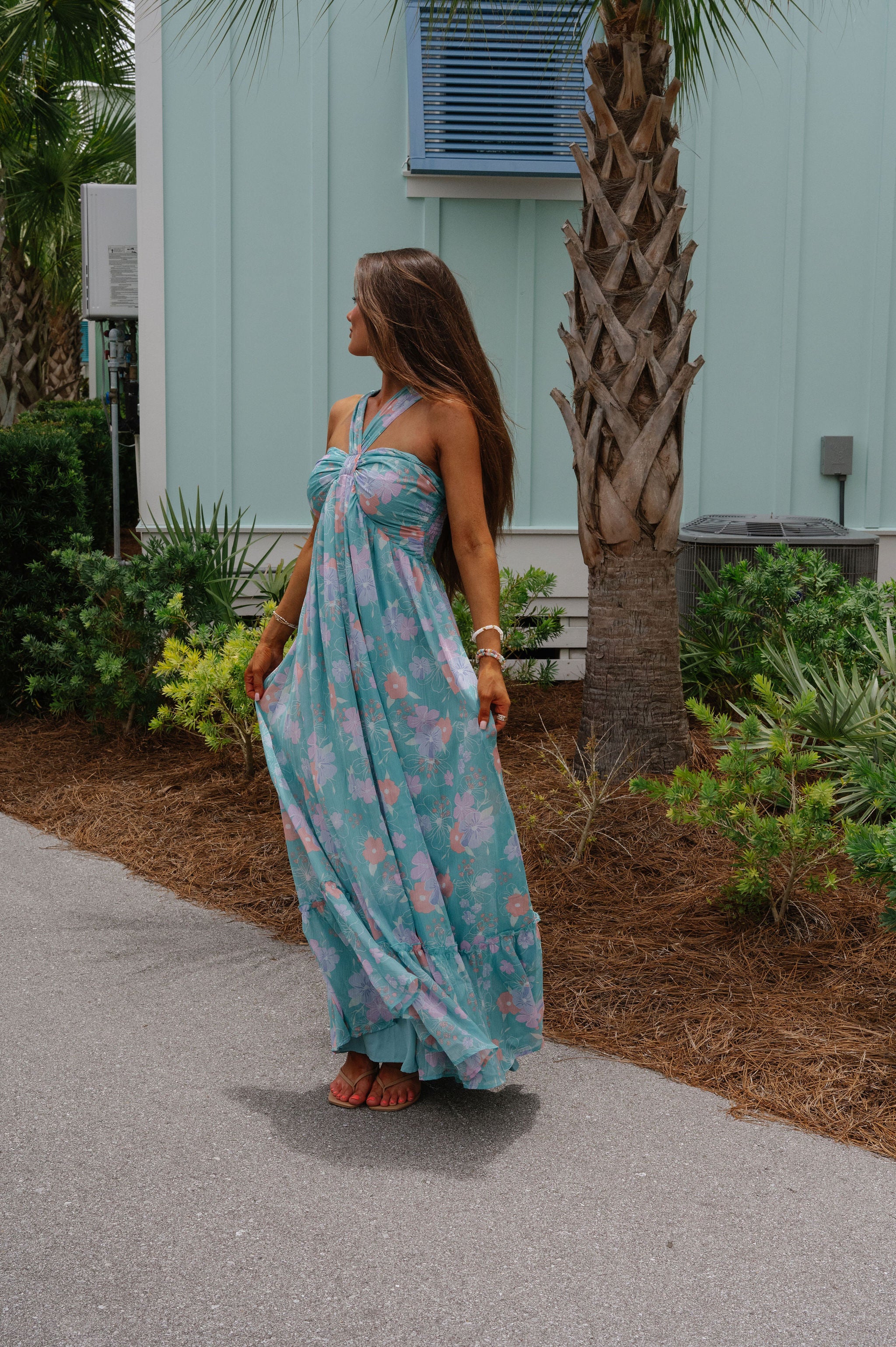 Floral Multi Halter Dress- Turquoise