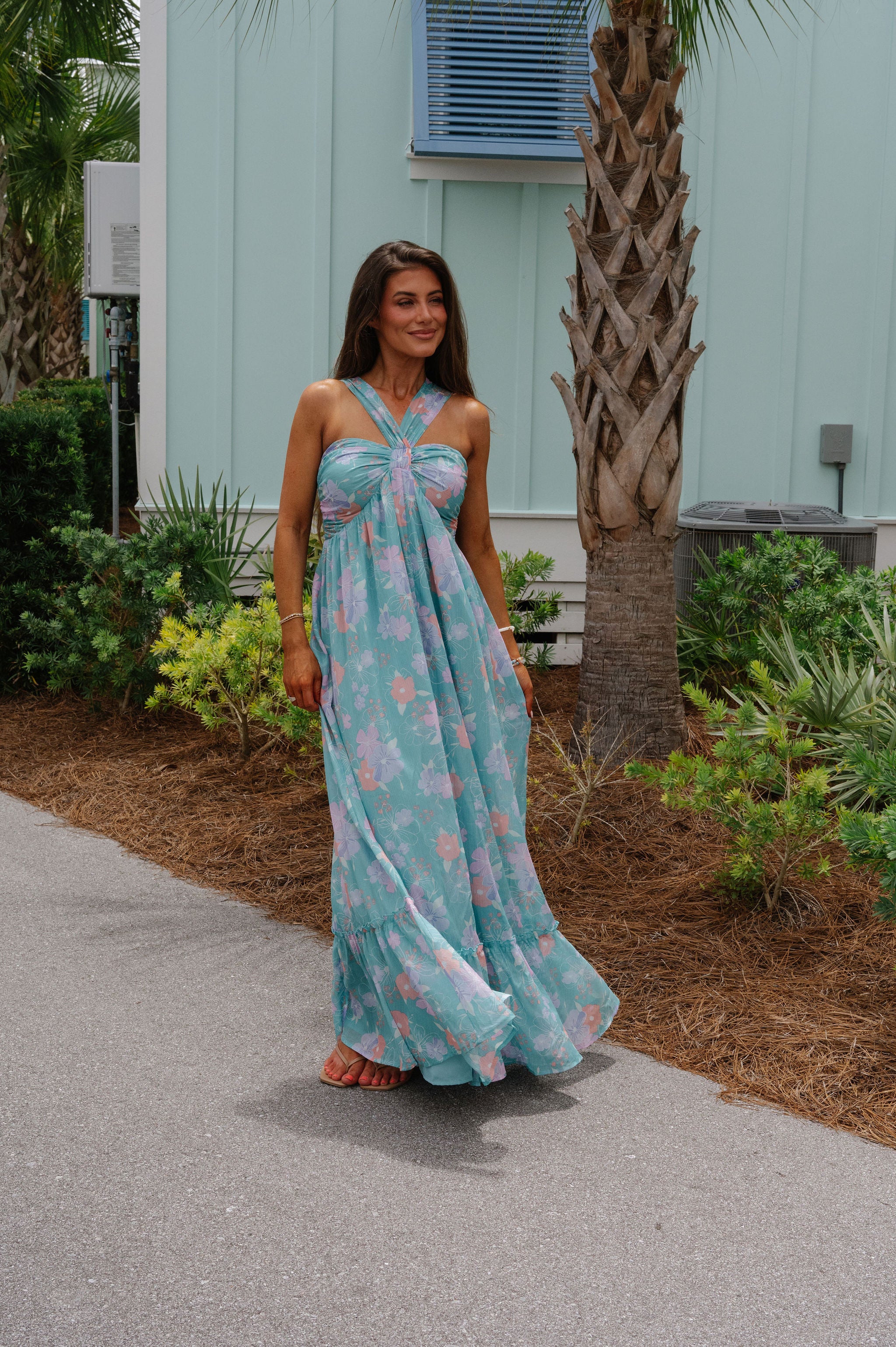 Floral Multi Halter Dress- Turquoise