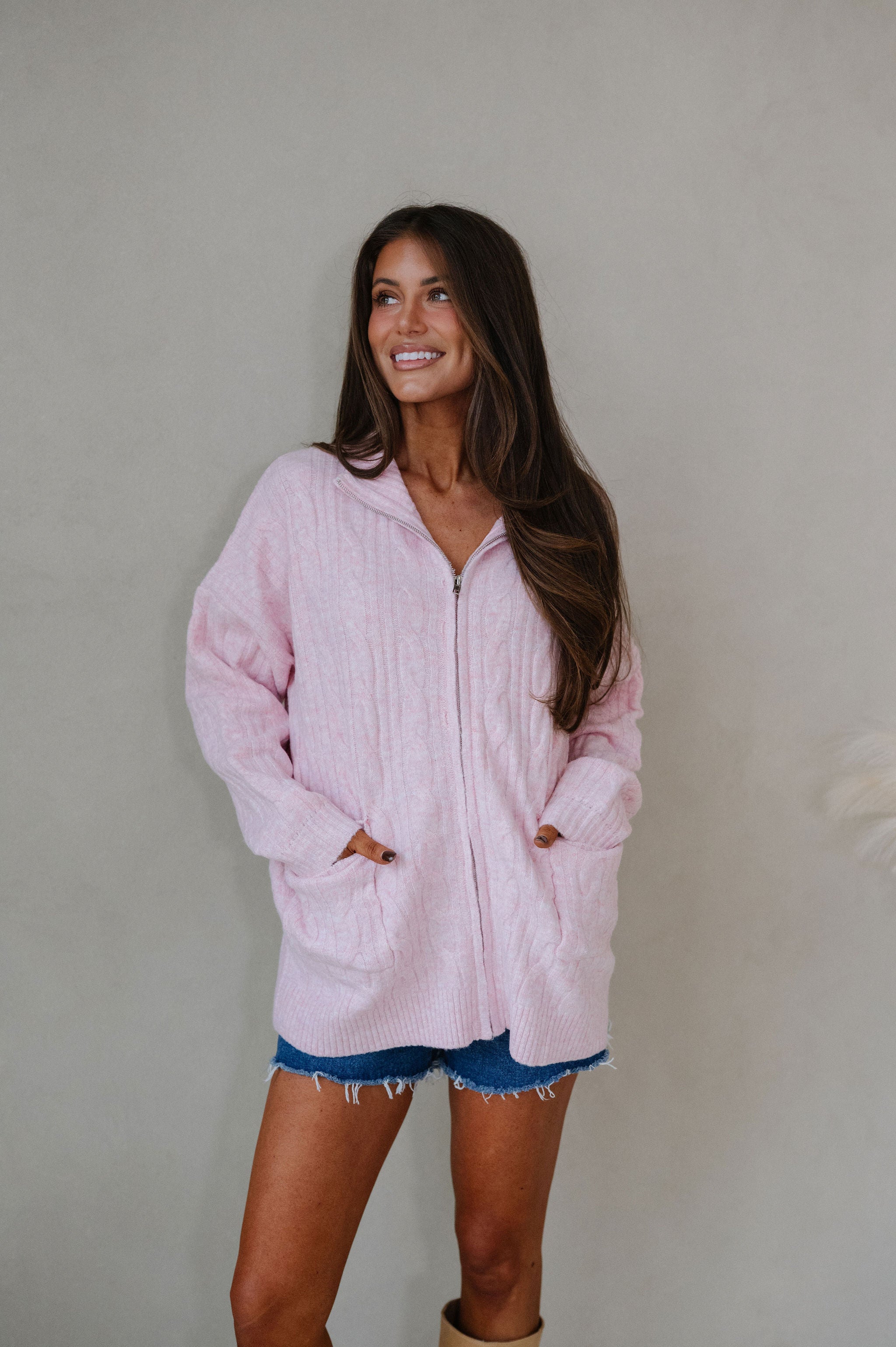 Tara Cable Knit Cardigan-Pink