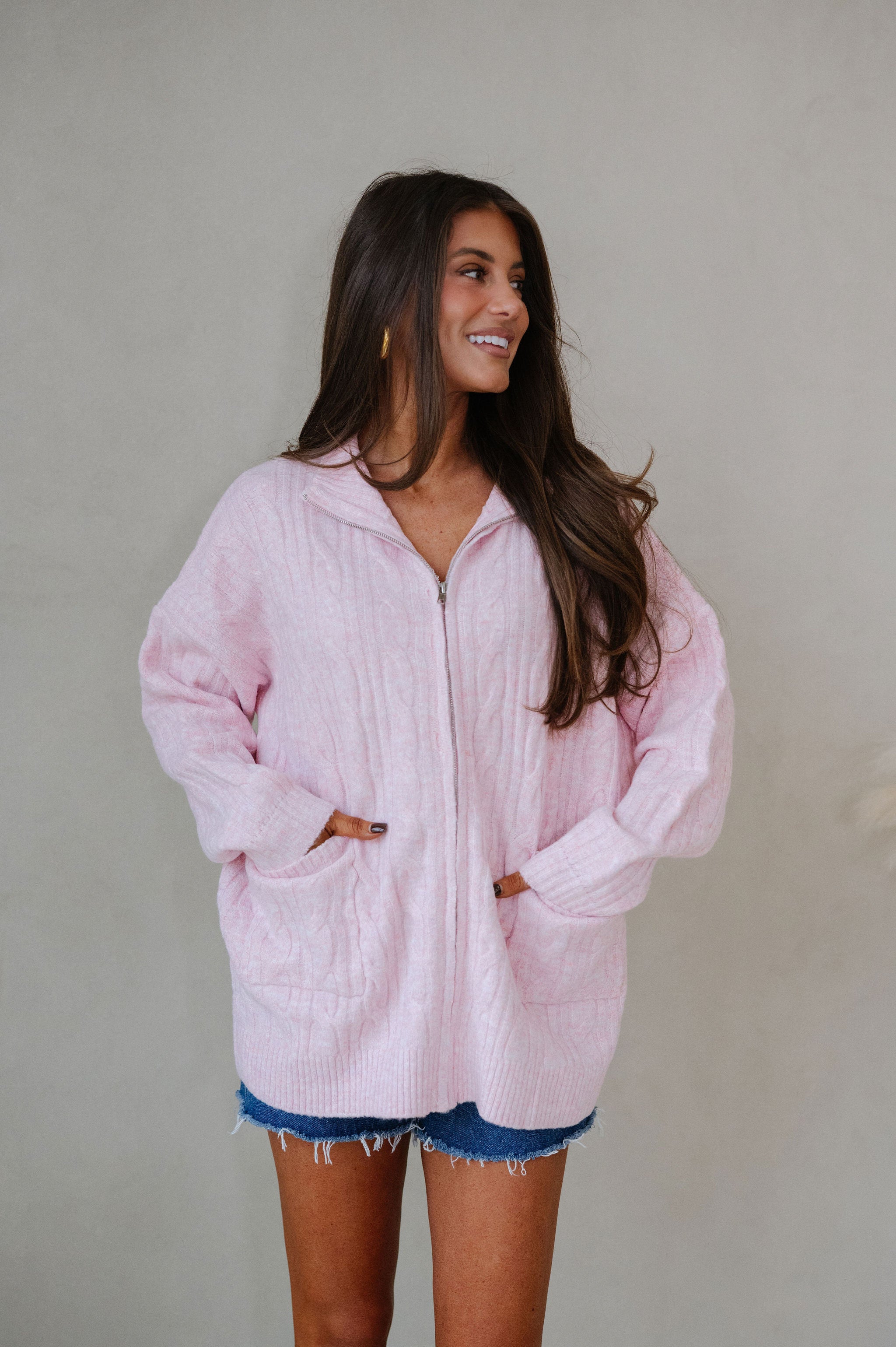 Tara Cable Knit Cardigan-Pink