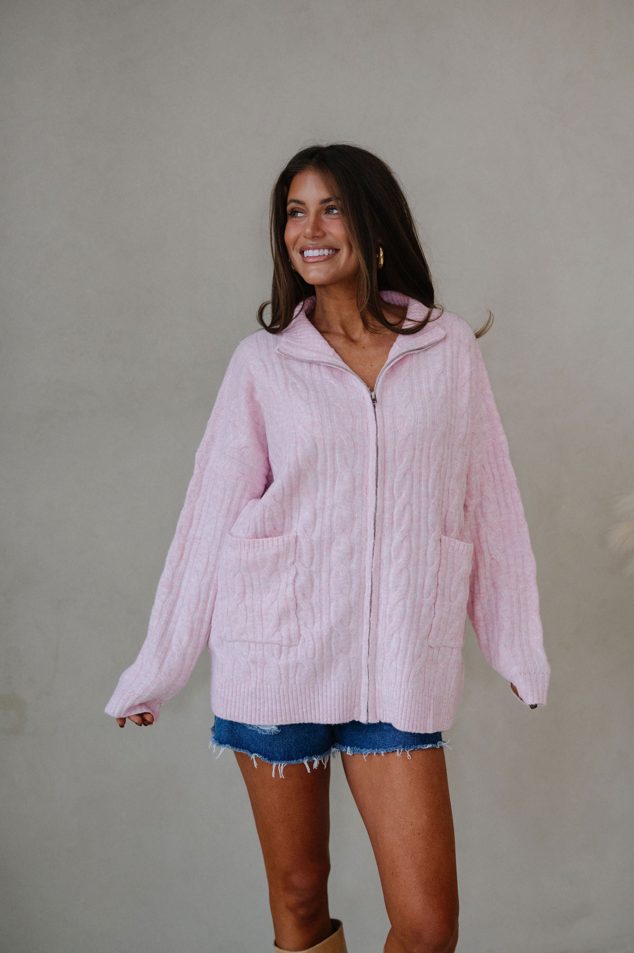 Tara Cable Knit Cardigan-Pink