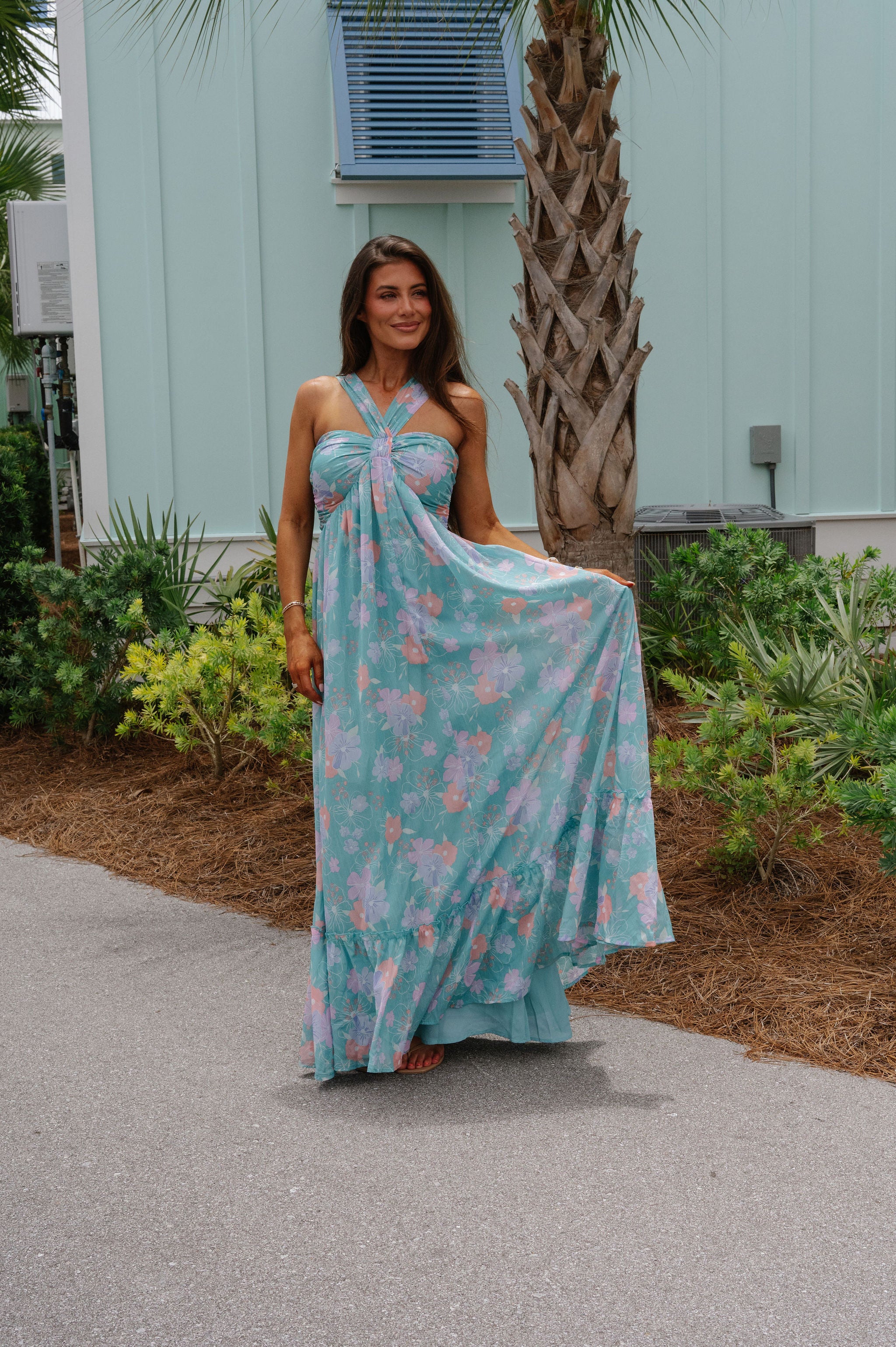 Floral Multi Halter Dress- Turquoise