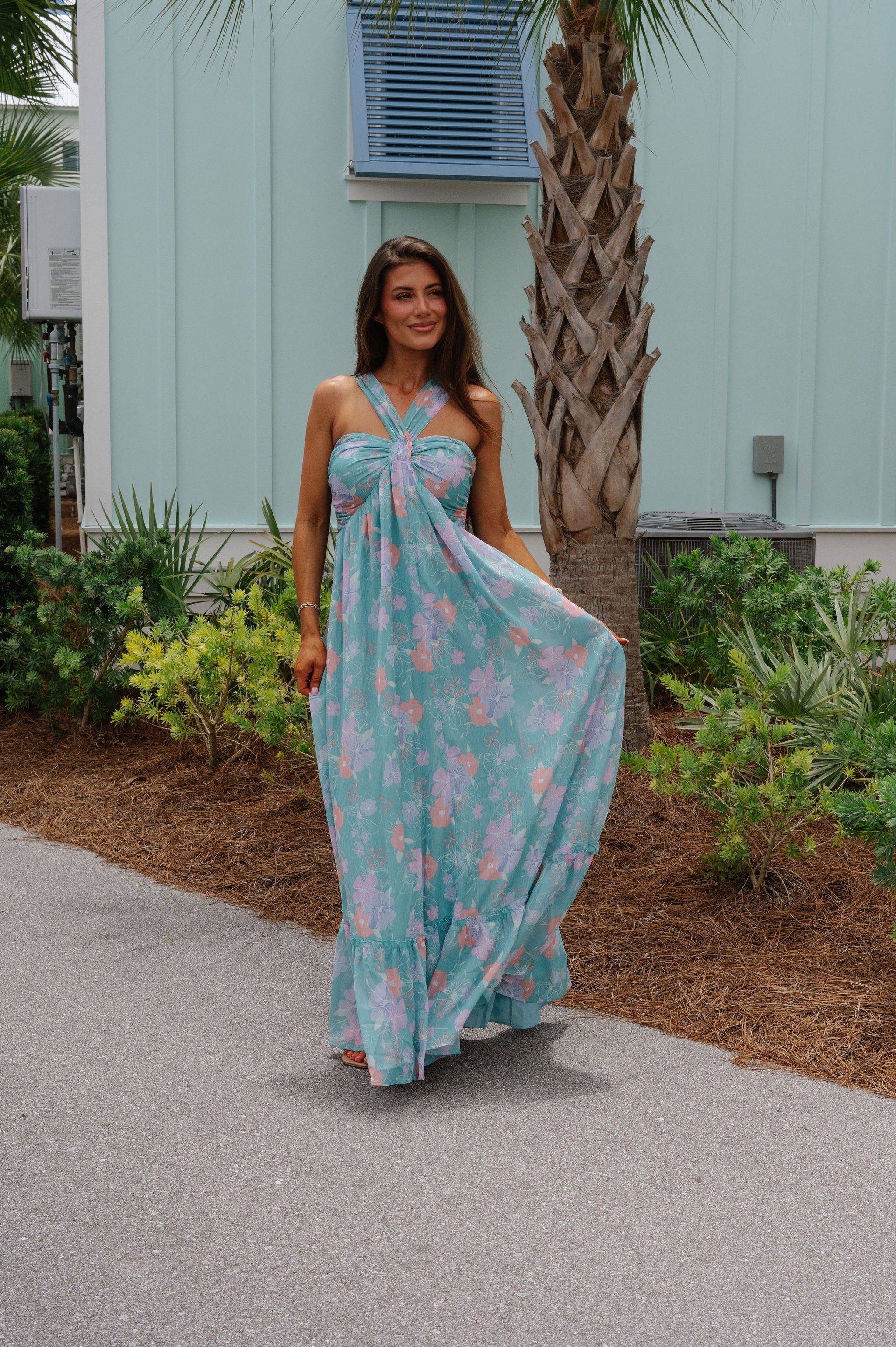 Floral Multi Halter Dress- Turquoise