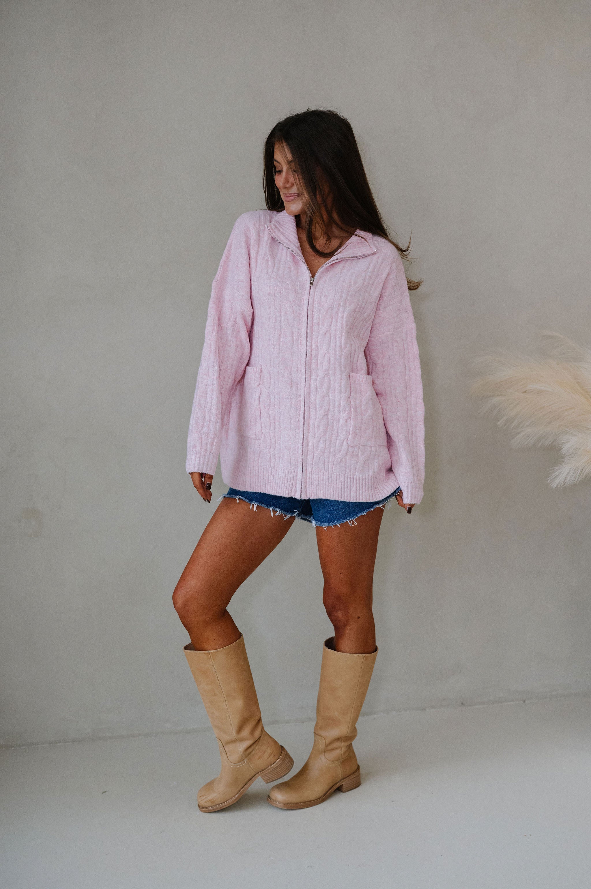 Tara Cable Knit Cardigan-Pink