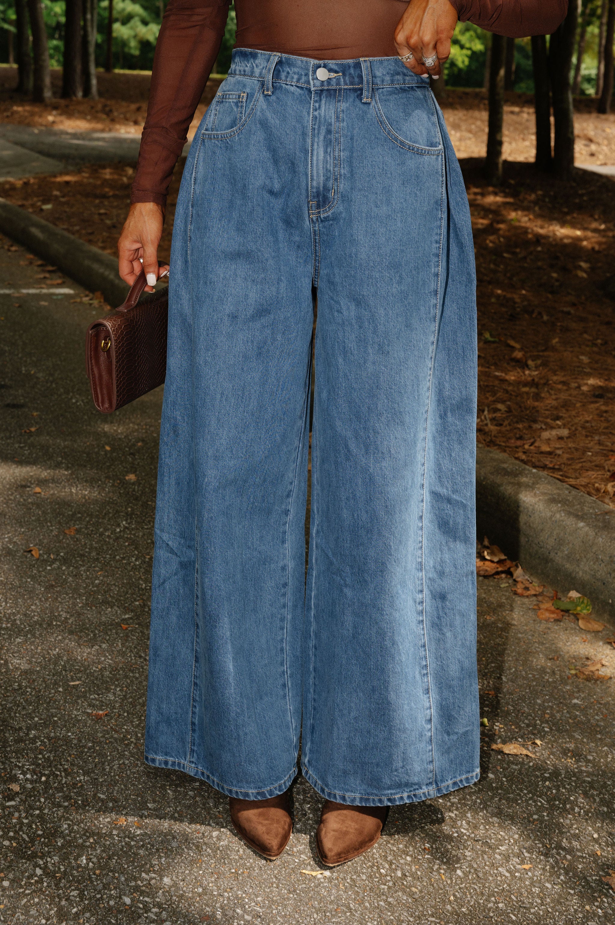 High Rise Pleated Jeans-Medium Wash